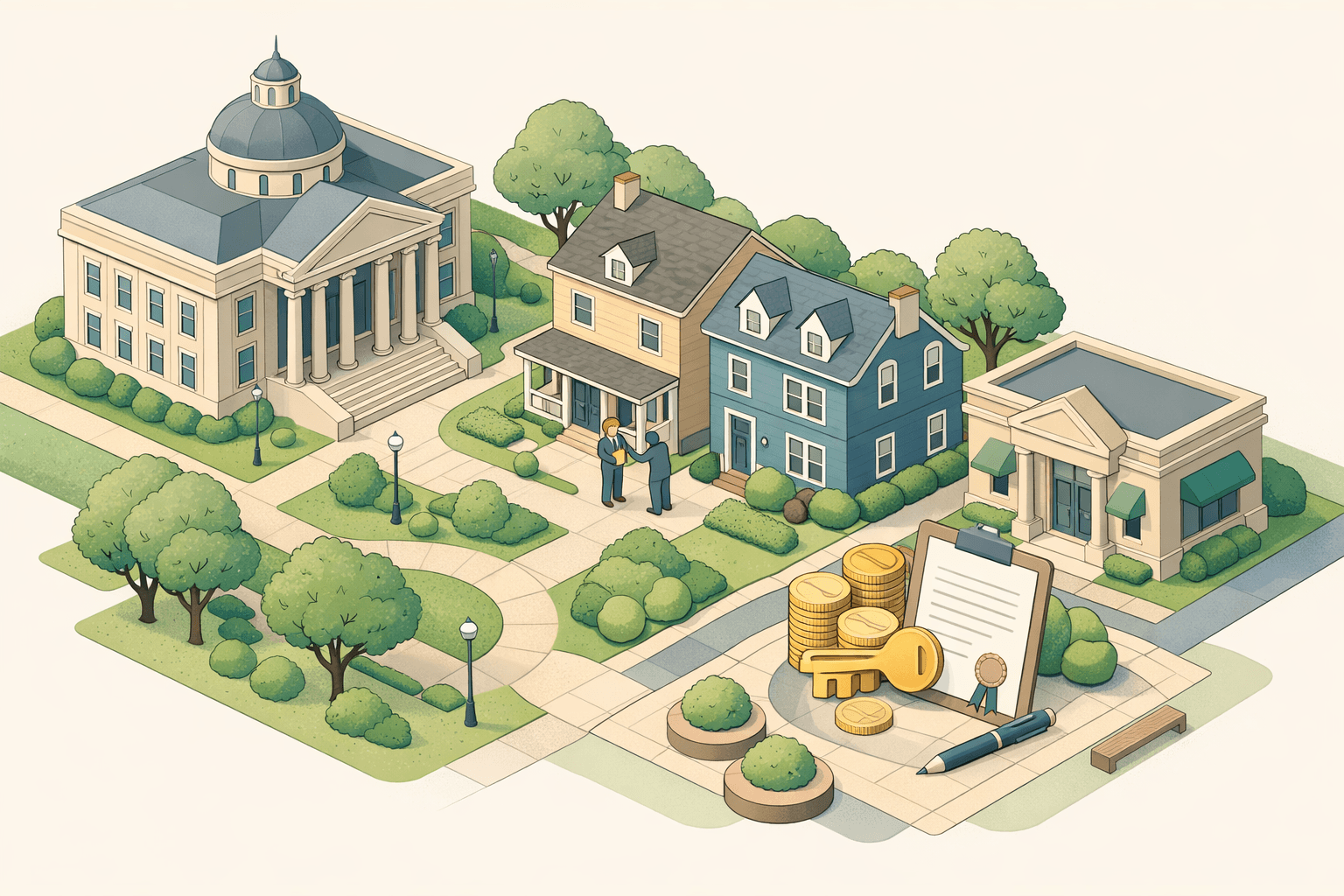 Isometric scene of Virginia homes, a government building, and a bank branch with a small figure receiving a key and grant documents nearby.