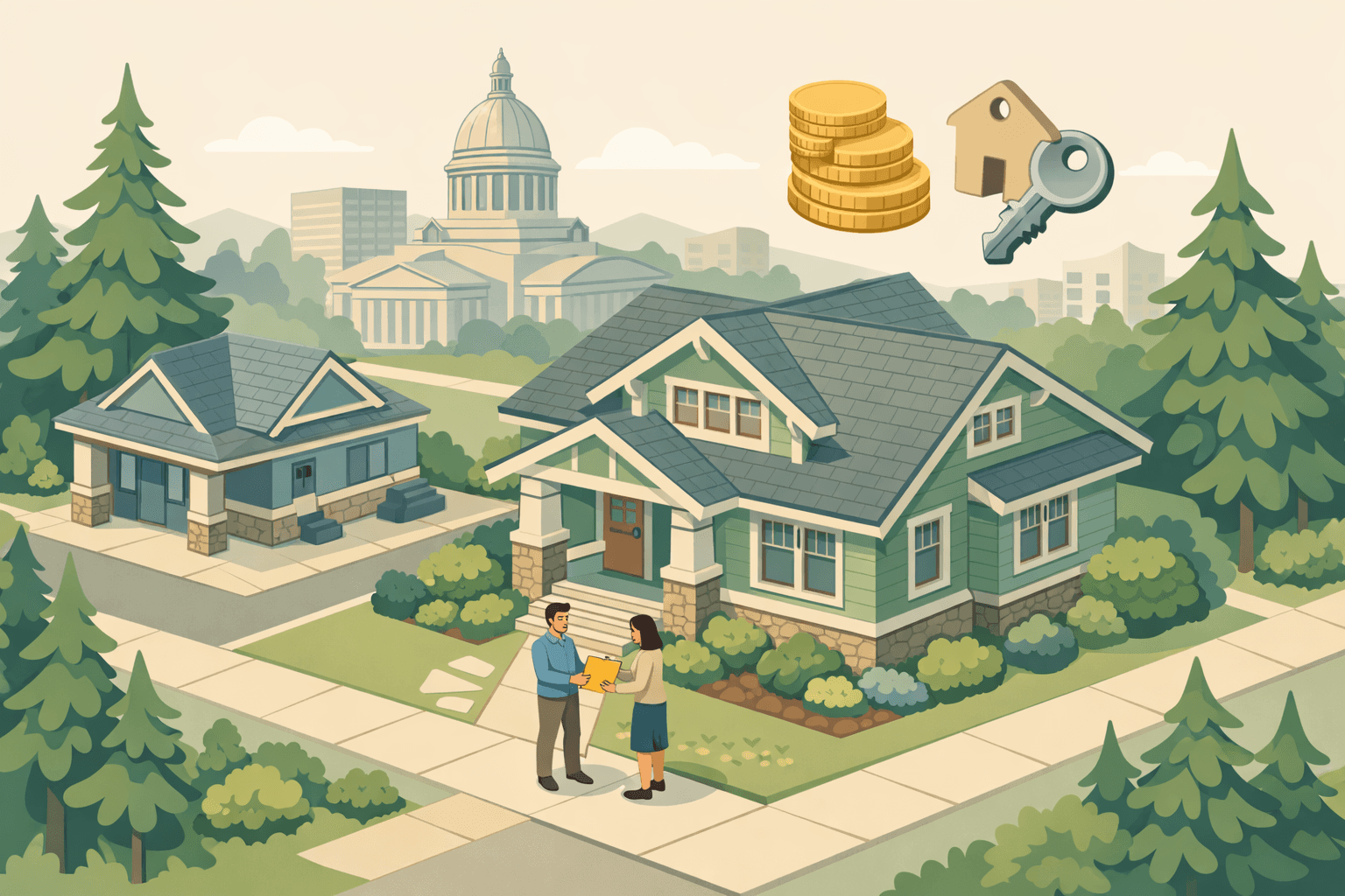 Isometric illustration of a Pacific Northwest home, community bank, and Capitol dome with tiny figures exchanging documents representing down payment assistance in Washington.