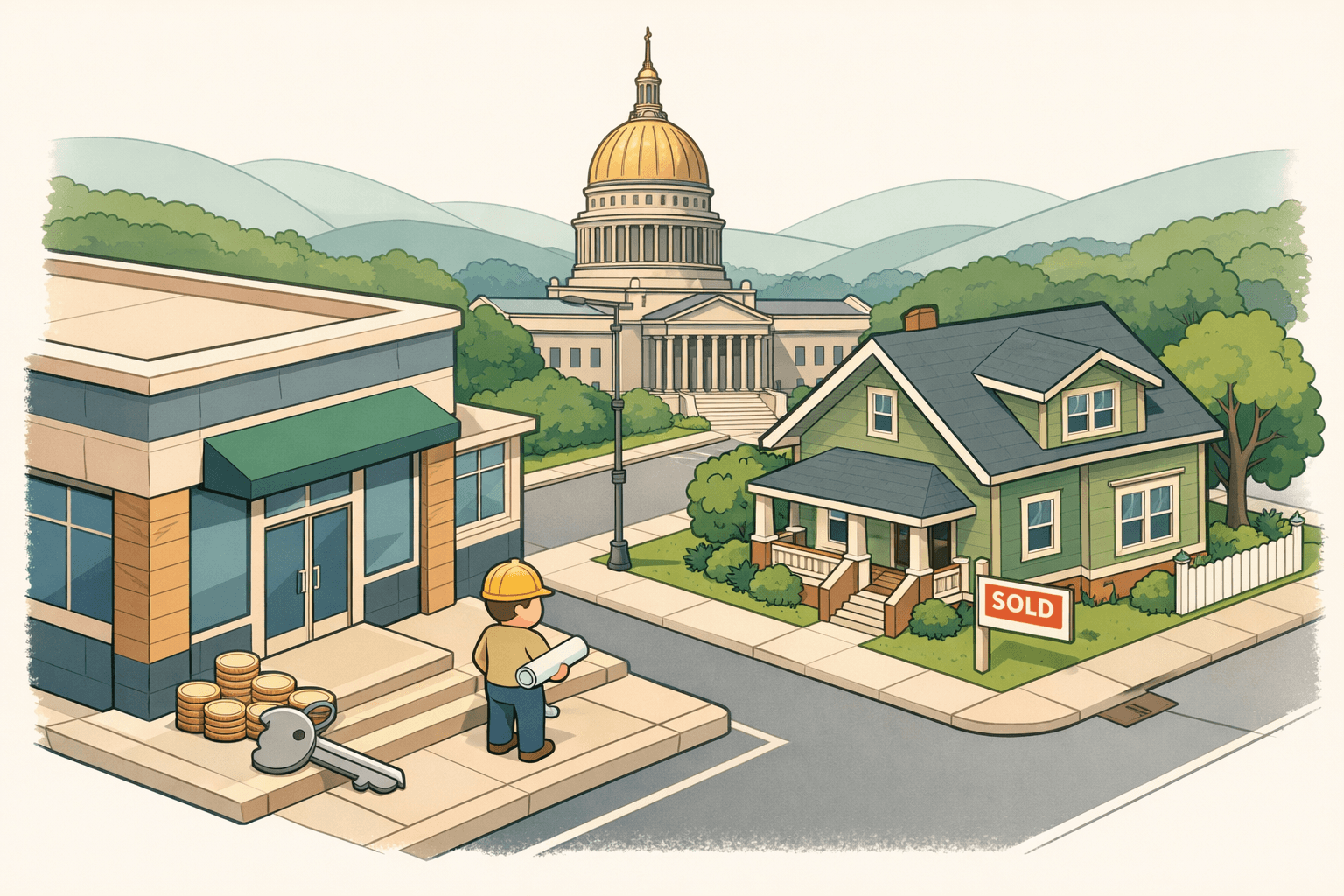 Isometric scene of a West Virginia town with a domed civic building, a community bank, a craftsman home with a sold sign, and rolling green hills in the background.