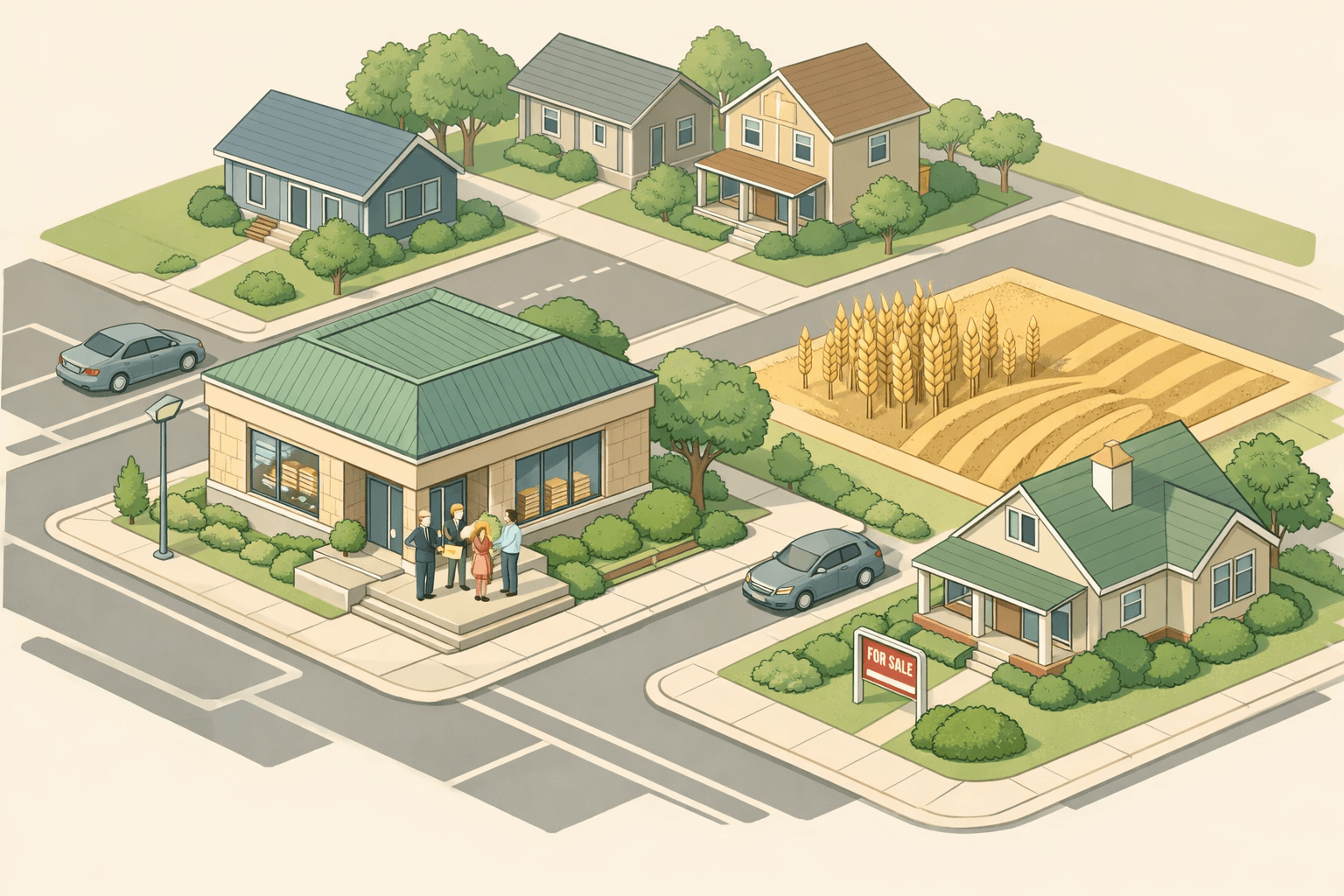 Isometric scene of a Wichita neighborhood with homes, a community bank, and small figures exchanging a house key on the front steps.
