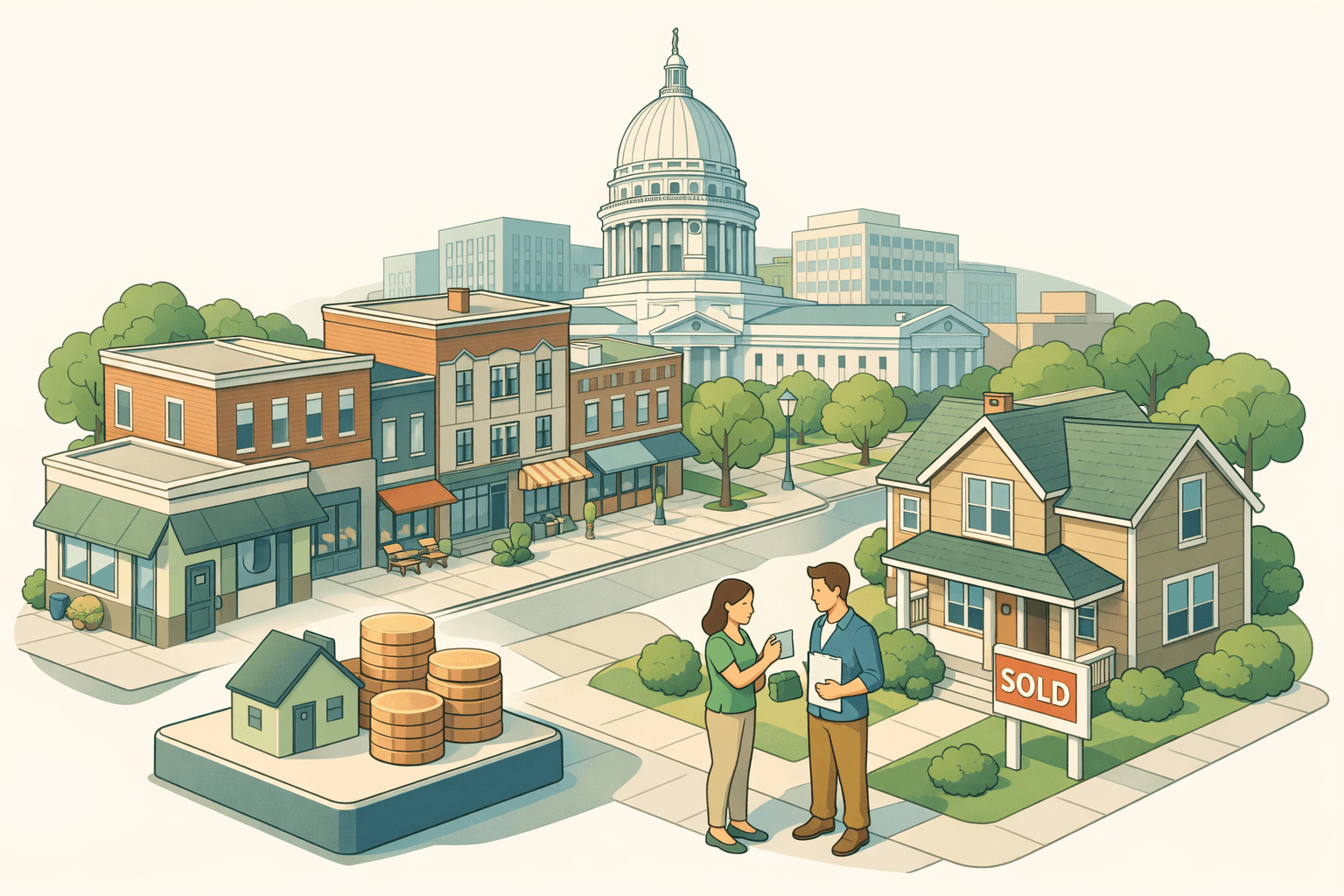 Isometric scene of a Wisconsin neighborhood with a capitol dome, community bank, homes, and small figures representing homebuyers receiving down payment assistance.