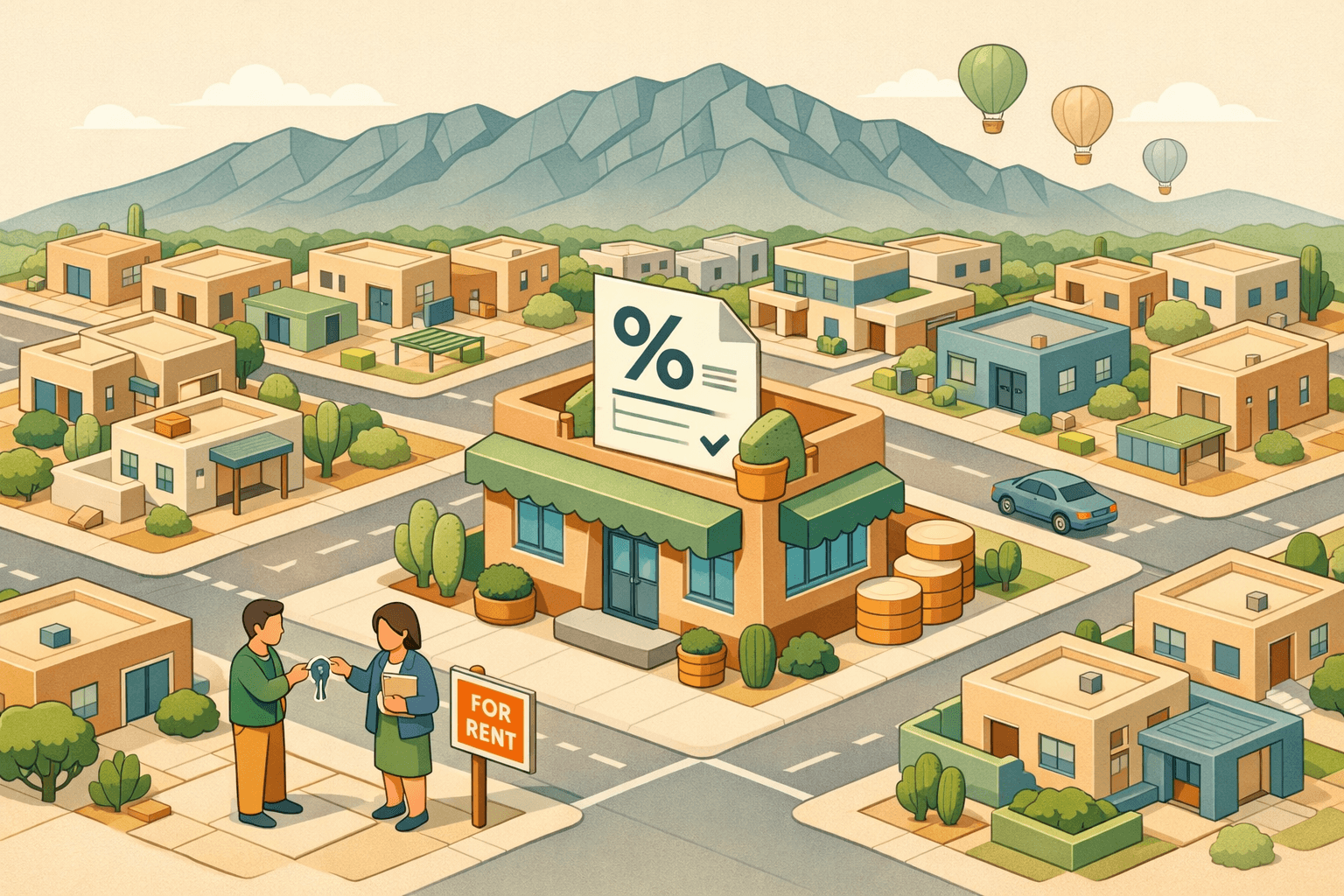 Isometric scene of Albuquerque adobe-style rental properties and a small lending office with investors exchanging keys, Sandia Mountains in the background.