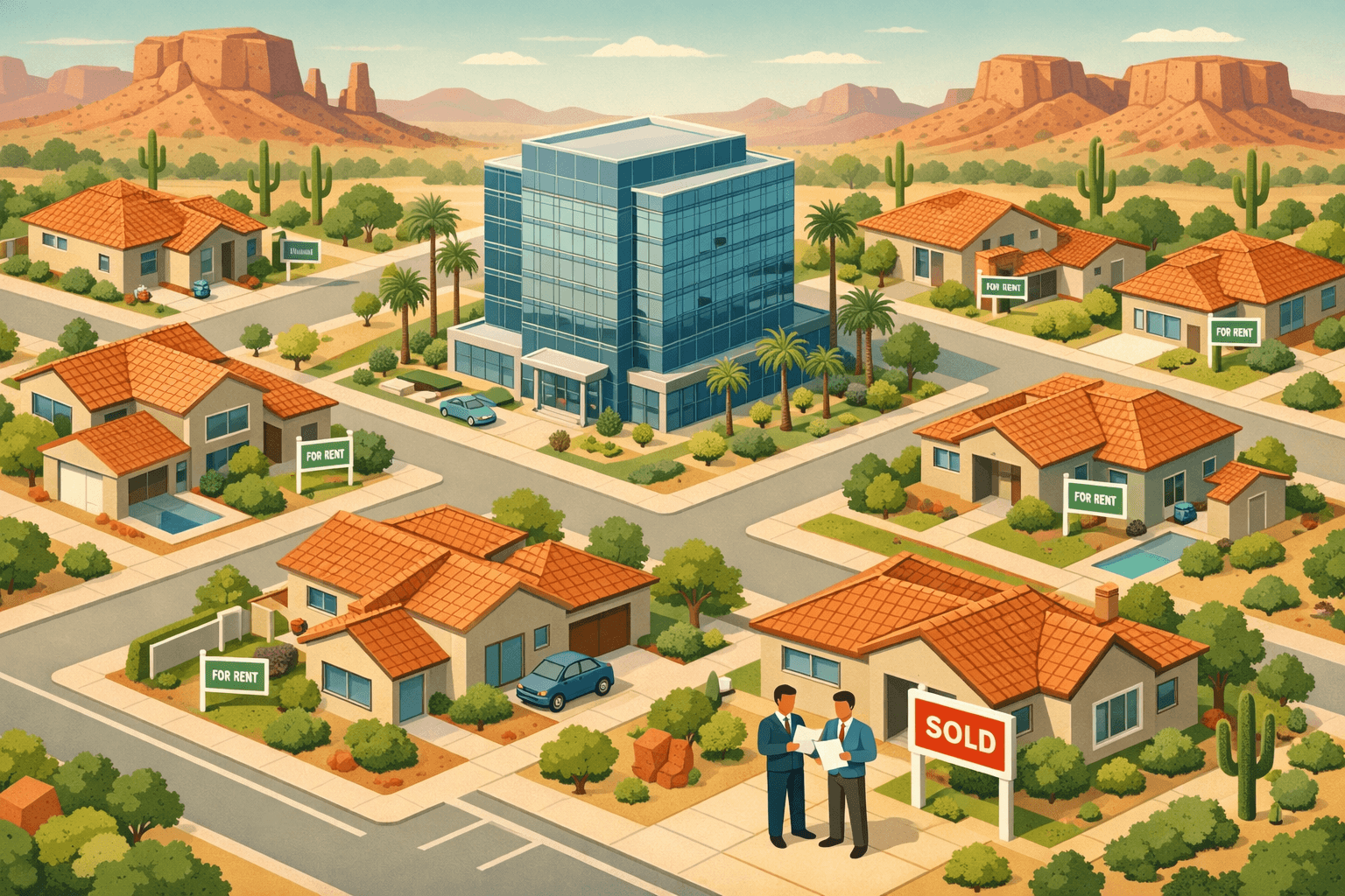 Isometric illustration of an Arizona desert city with rental homes, a lending office building, and small investor figures reviewing property documents.