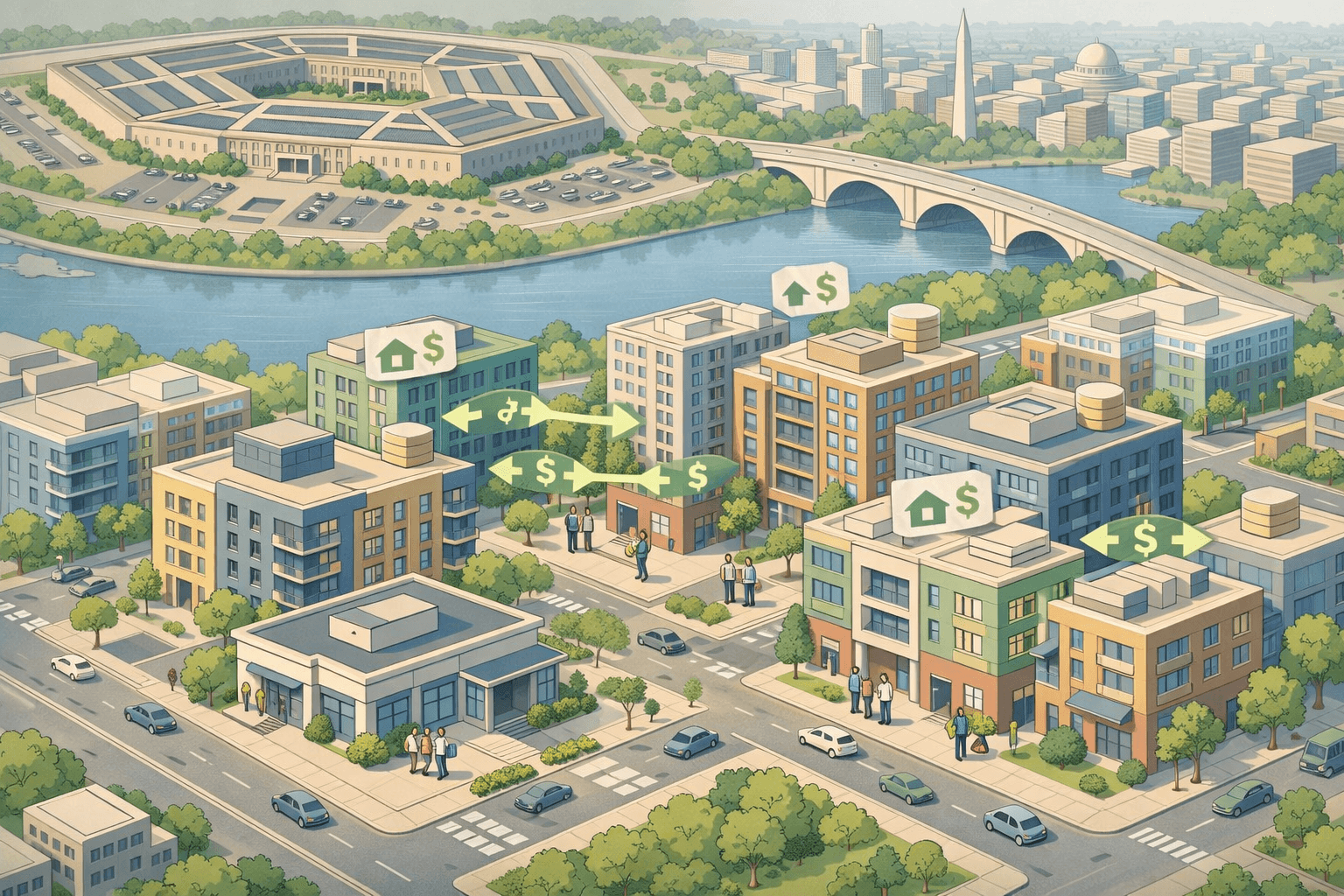 Isometric view of Arlington Virginia rental properties and urban buildings with small figures representing real estate investors near a local bank branch.