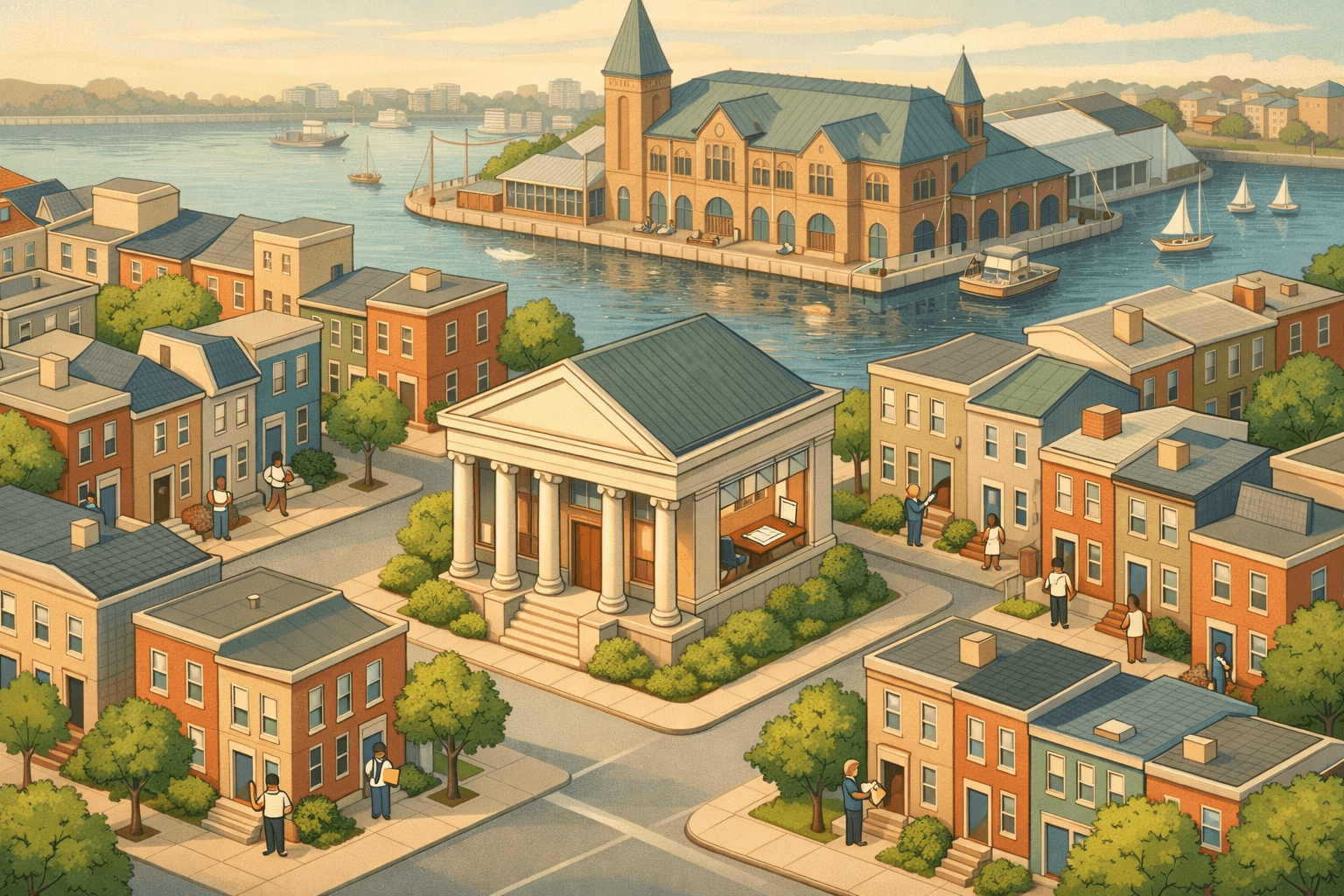 Isometric illustration of Baltimore rowhouses and a waterfront bank building with small figures representing rental property investors near office entrances.