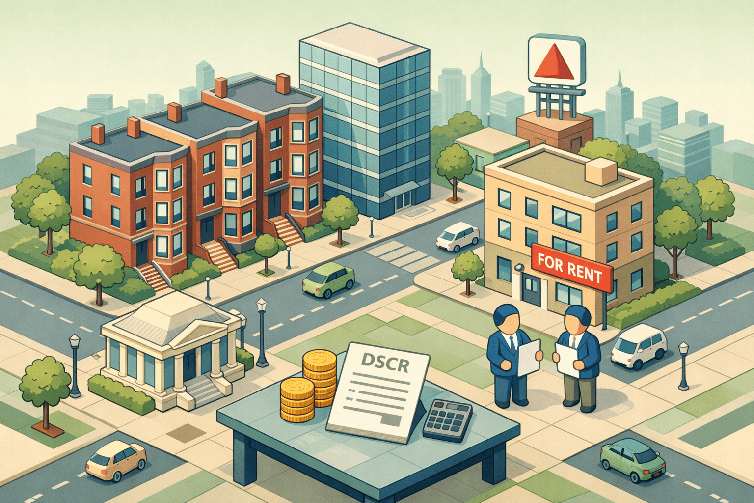 Isometric scene of Boston brownstone buildings and a bank branch with tiny investor figures and rental property signs representing DSCR mortgage lending.