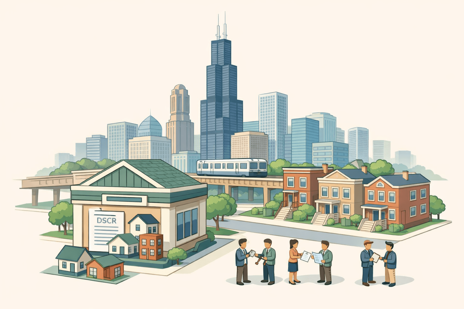 Isometric Chicago cityscape with rental buildings, a lending office, and tiny investors exchanging keys near two-flat and three-flat properties under a city skyline.