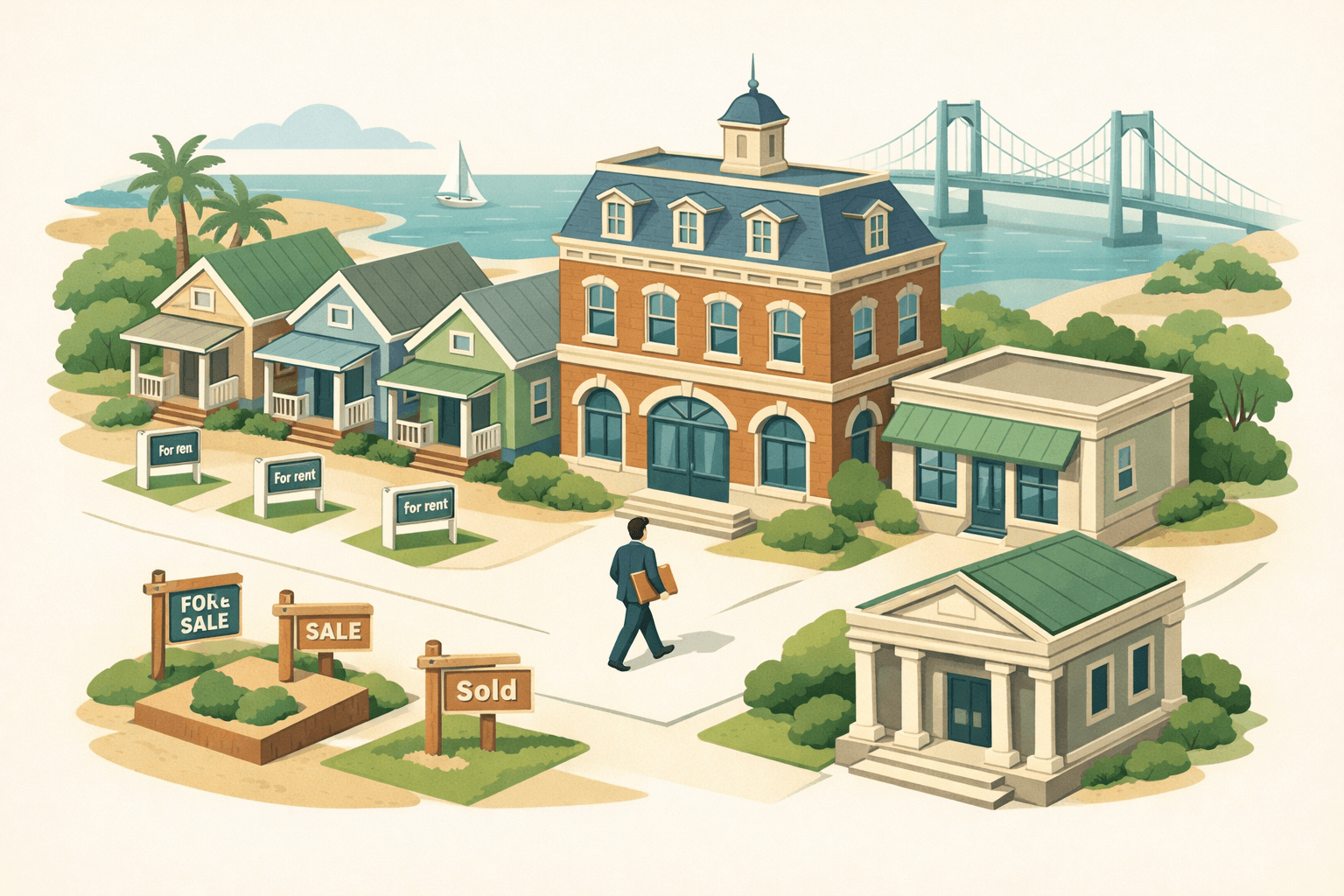 Isometric scene of Delaware rental properties and a historic brick lending office with a small investor figure walking toward the building near a river bridge.