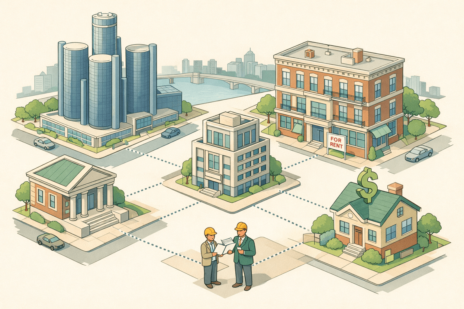Isometric Detroit skyline with rental properties, a small bank building, and tiny investors reviewing documents connected to a lending office.