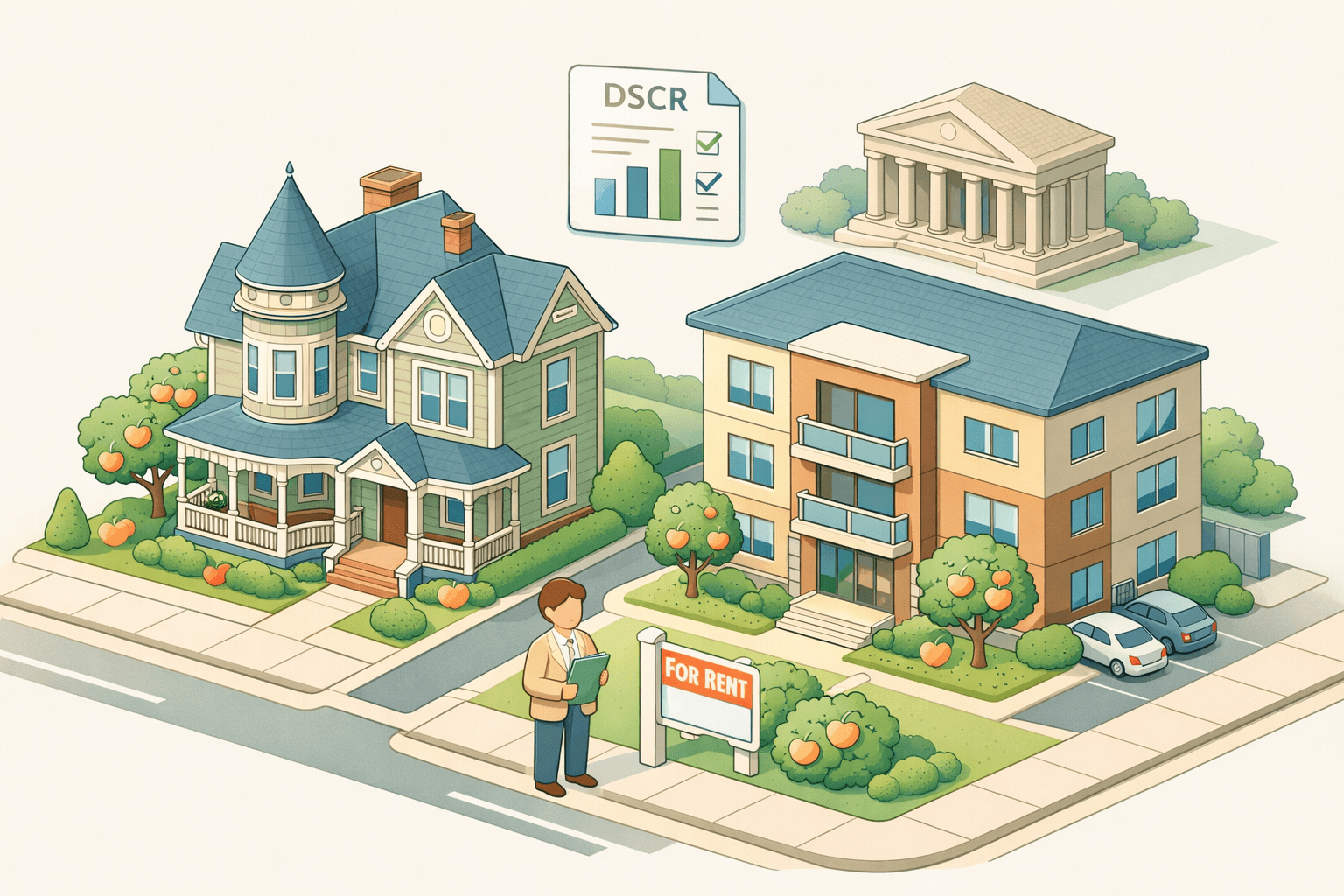 Isometric street scene showing Georgia rental homes and a small bank building with a stylized investor figure near a for-rent sign.