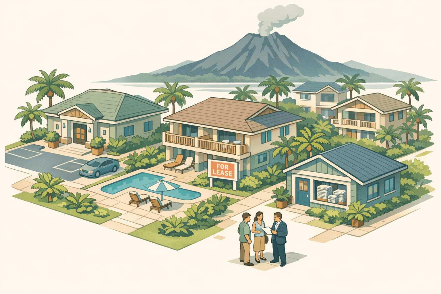 Isometric illustration of Hawaiian rental properties, a local bank, and investors reviewing mortgage documents with a volcanic mountain in the background.