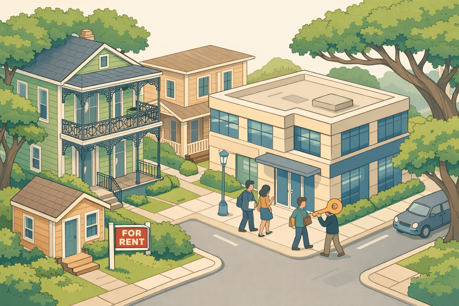 Isometric scene of a New Orleans-style neighborhood with rental properties and a lending office, showing investors approaching to secure financing.