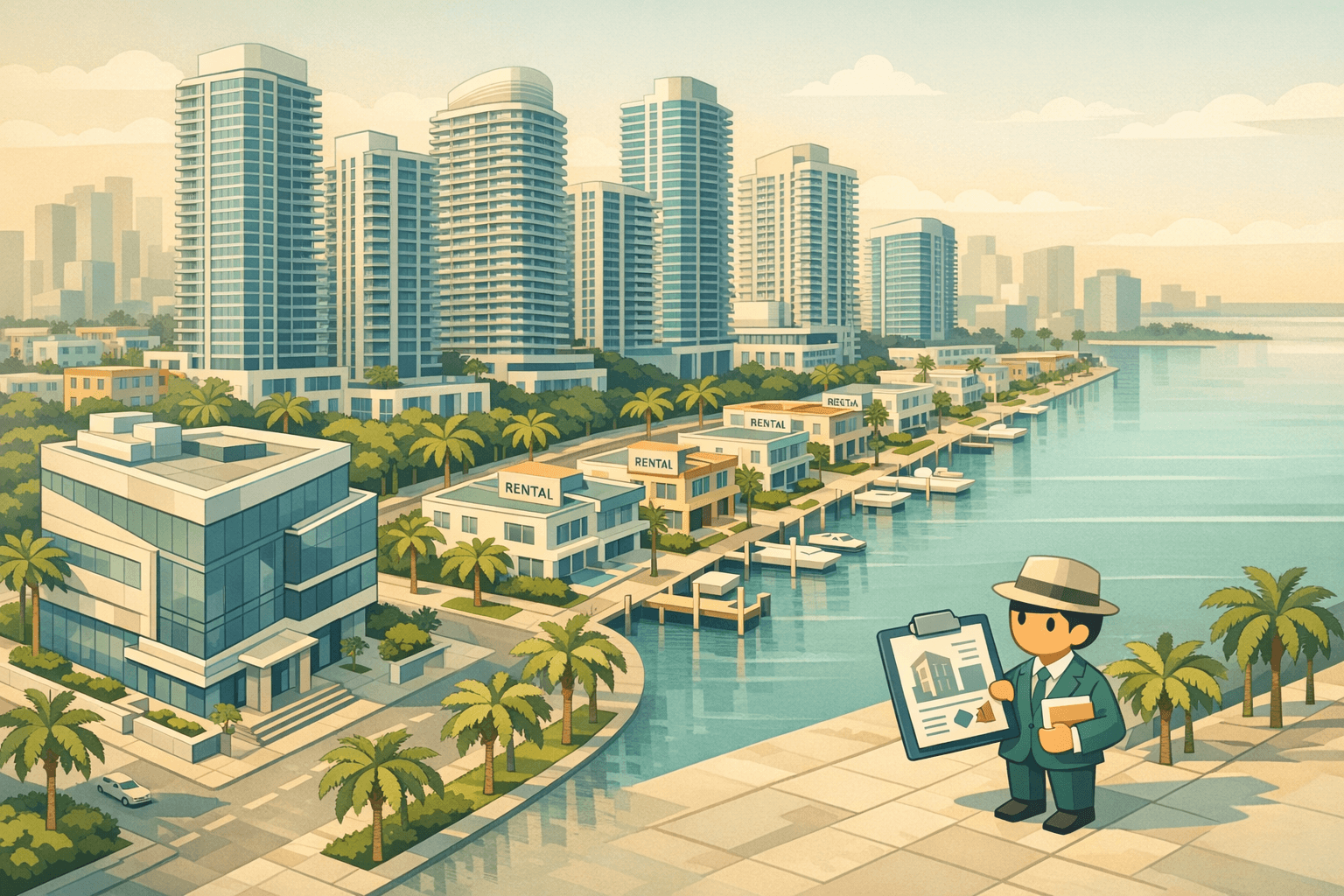 Isometric illustration of Miami high-rise condos and waterfront rental properties with a small investor figure reviewing documents outside a bank building.