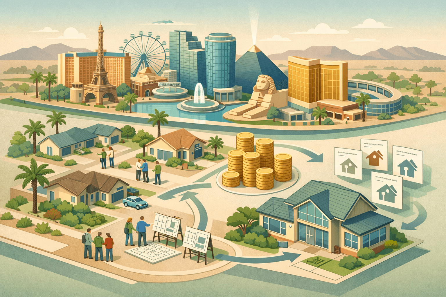 Isometric illustration of a Las Vegas skyline with rental homes, a lending office, and investors reviewing property documents in a desert city setting.