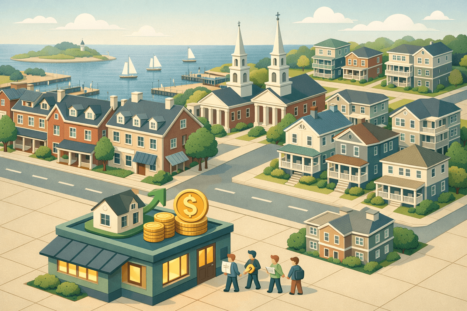 Isometric illustration of a New England coastal town with colonial brick buildings, a lending office, rental properties, and tiny investors carrying documents.