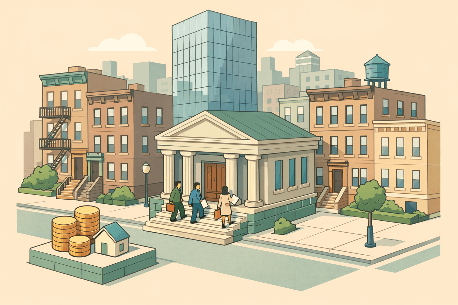 Isometric illustration of New York City brownstones and a bank building with small investor figures, representing rental property financing in NYC.