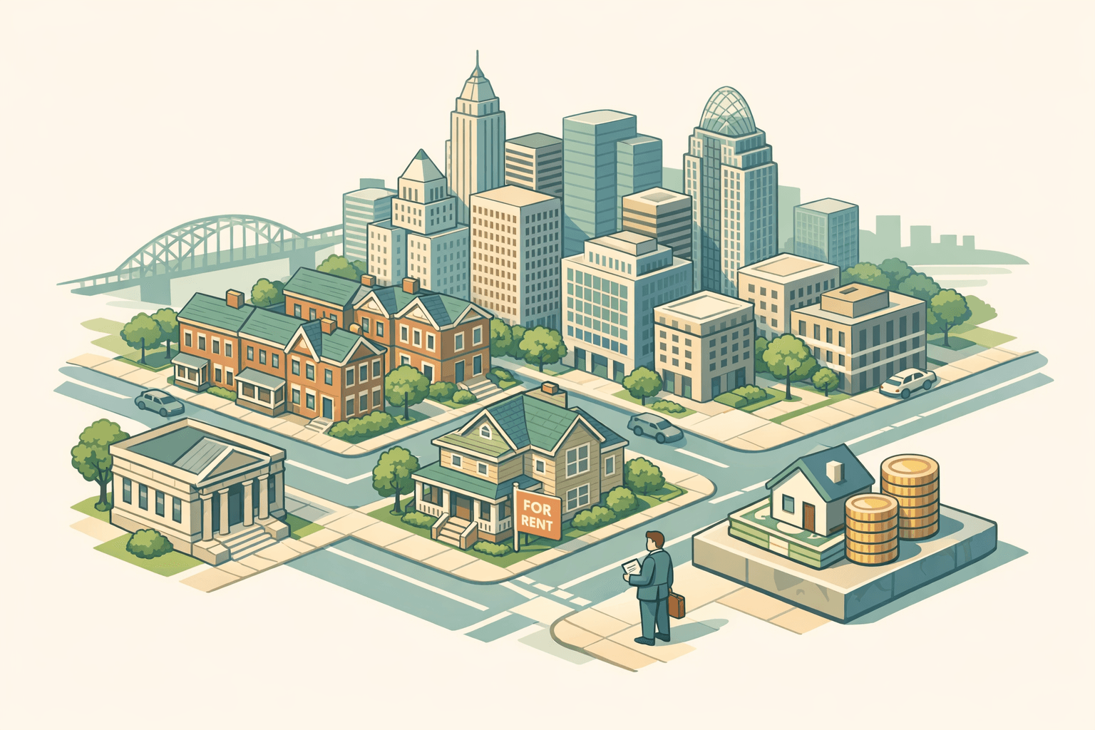Isometric Ohio cityscape with rental homes, a community bank, and a small investor figure representing rental property financing in the state.