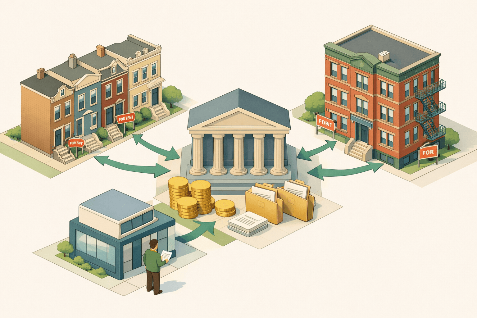 Isometric illustration of Pennsylvania rental properties and a lending office with a small investor figure reviewing loan documents on a city street.