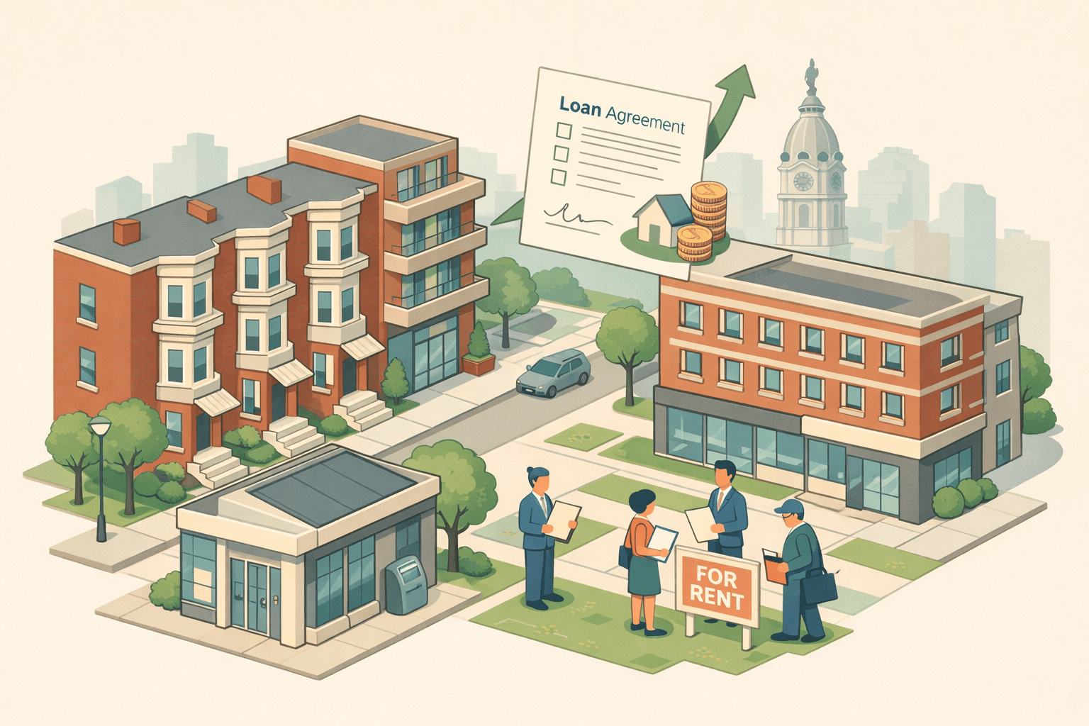 Isometric scene of Philadelphia rowhouses and a small bank office with investor figures, representing rental property financing in the city.