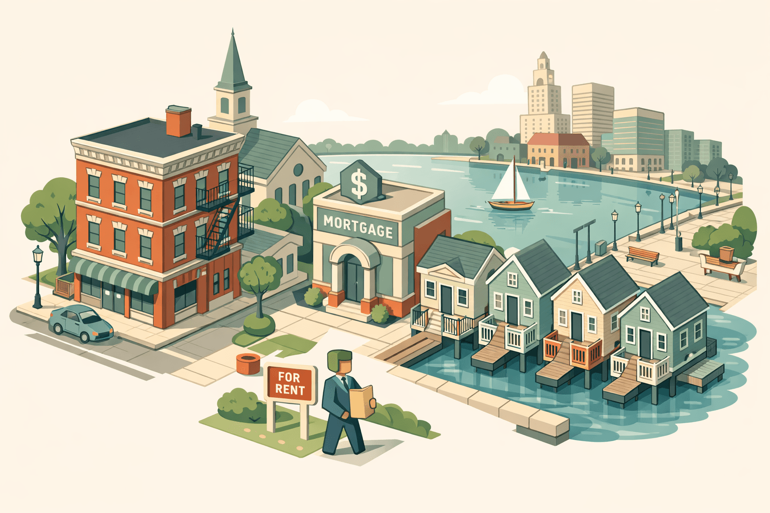 Isometric scene of Rhode Island rental properties and a lending office along a coastal city streetscape with a small investor figure nearby.