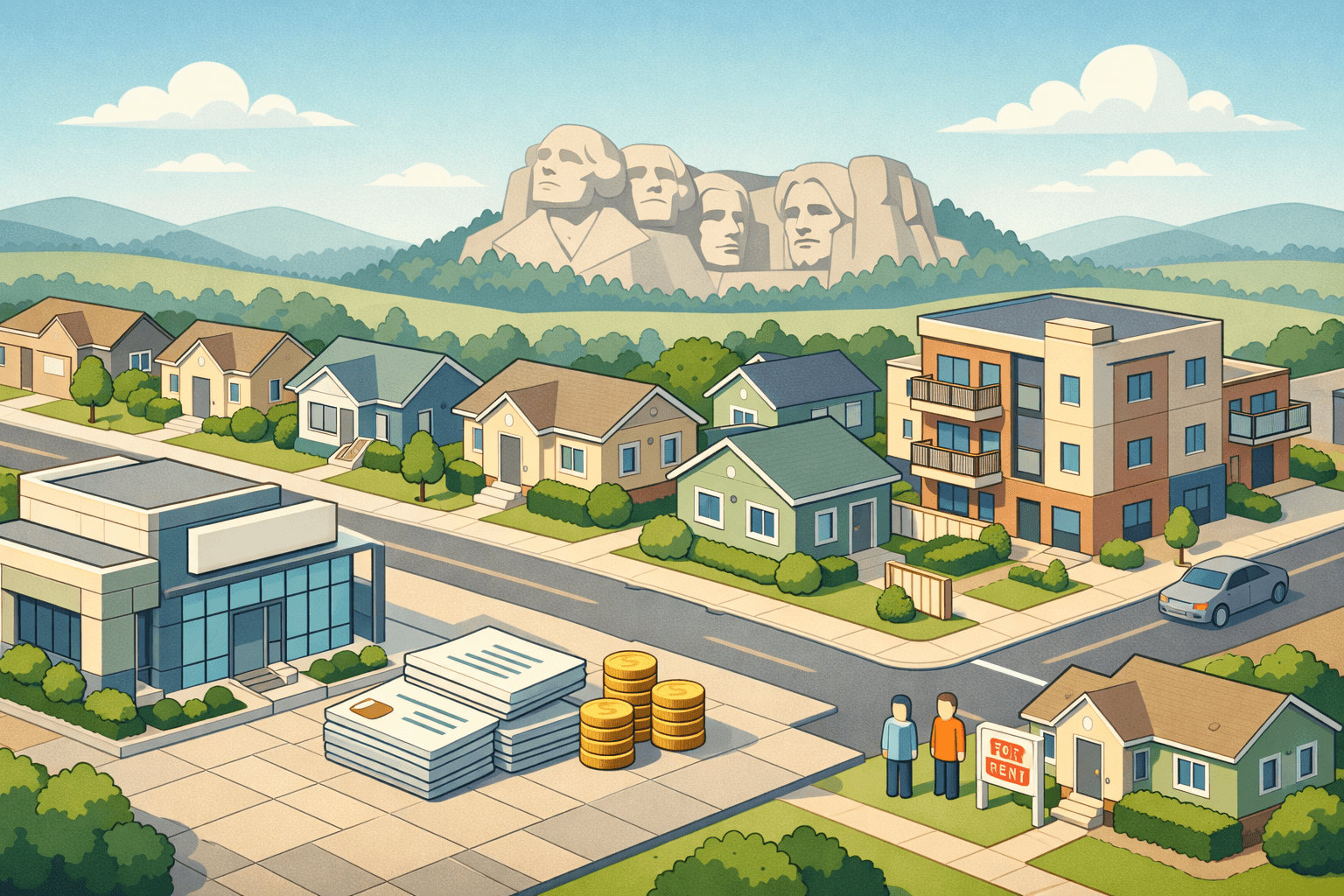Isometric scene of South Dakota rental homes, a lending office, and small figures near a for-rent sign with Mount Rushmore hills in the background.
