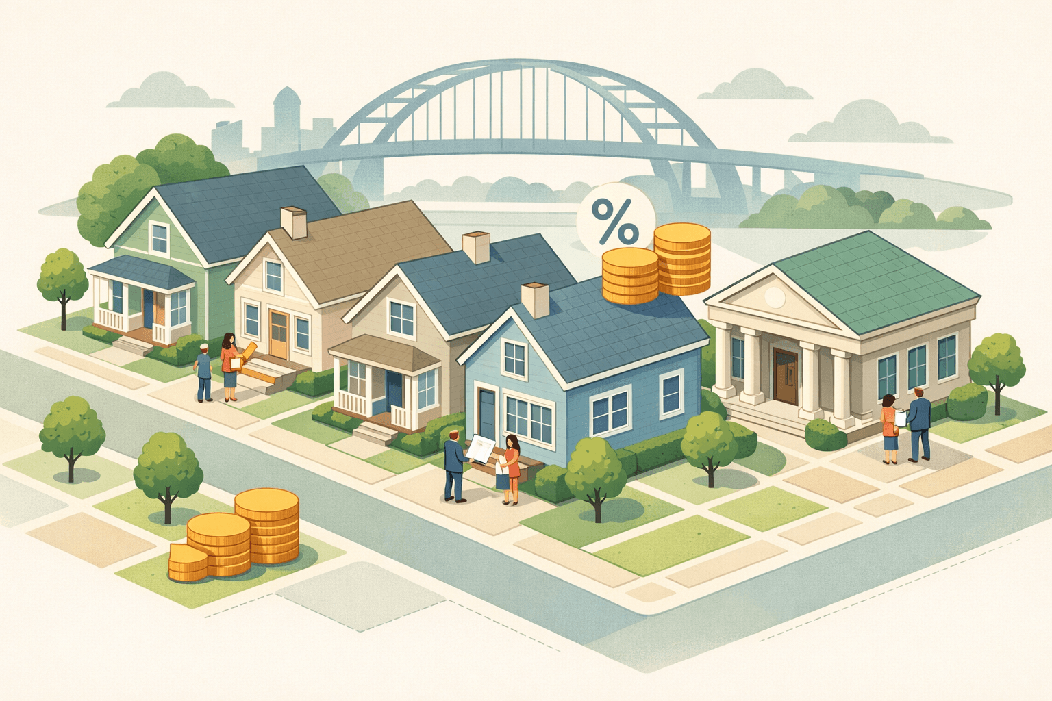 Isometric scene of Tennessee rental homes and a small bank building with tiny figures near properties, suggesting real estate investment and DSCR lending.
