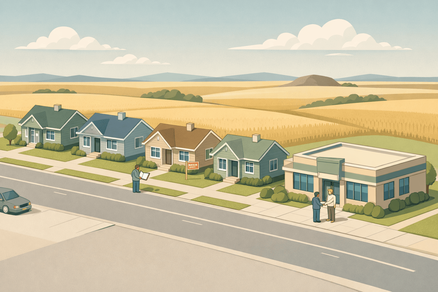 Isometric view of small rental homes and a community bank on a Great Plains main street with wheat fields in the background.