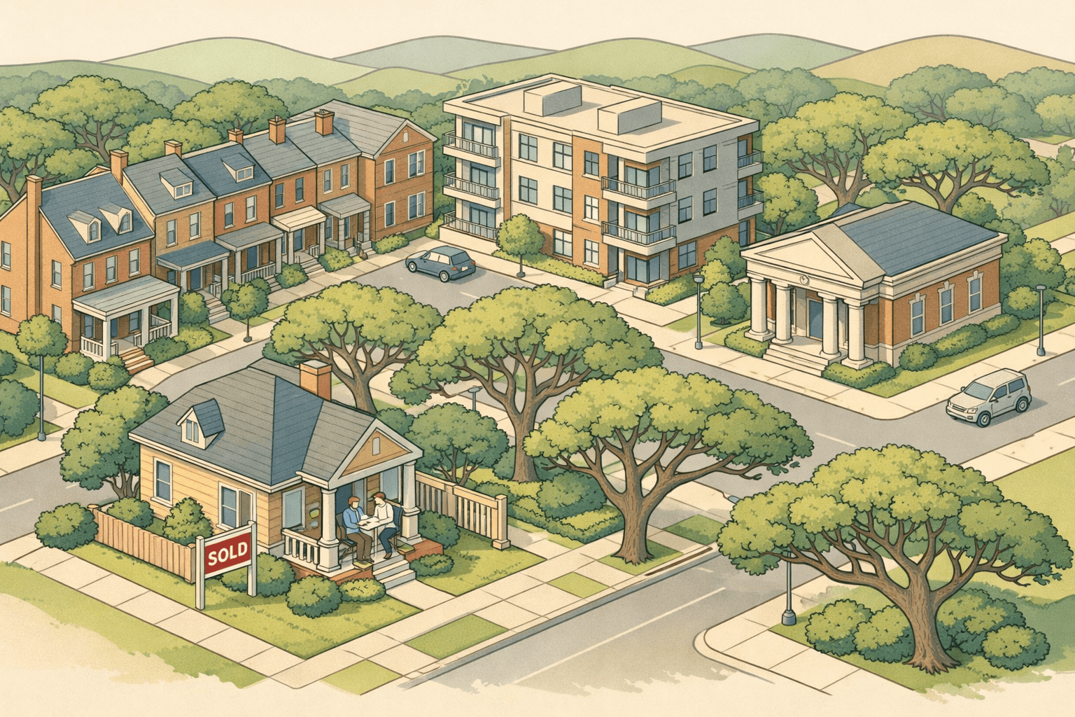 Isometric illustration of a Southeast neighborhood with historic townhomes, a multifamily building, and a regional bank surrounded by live oak trees.