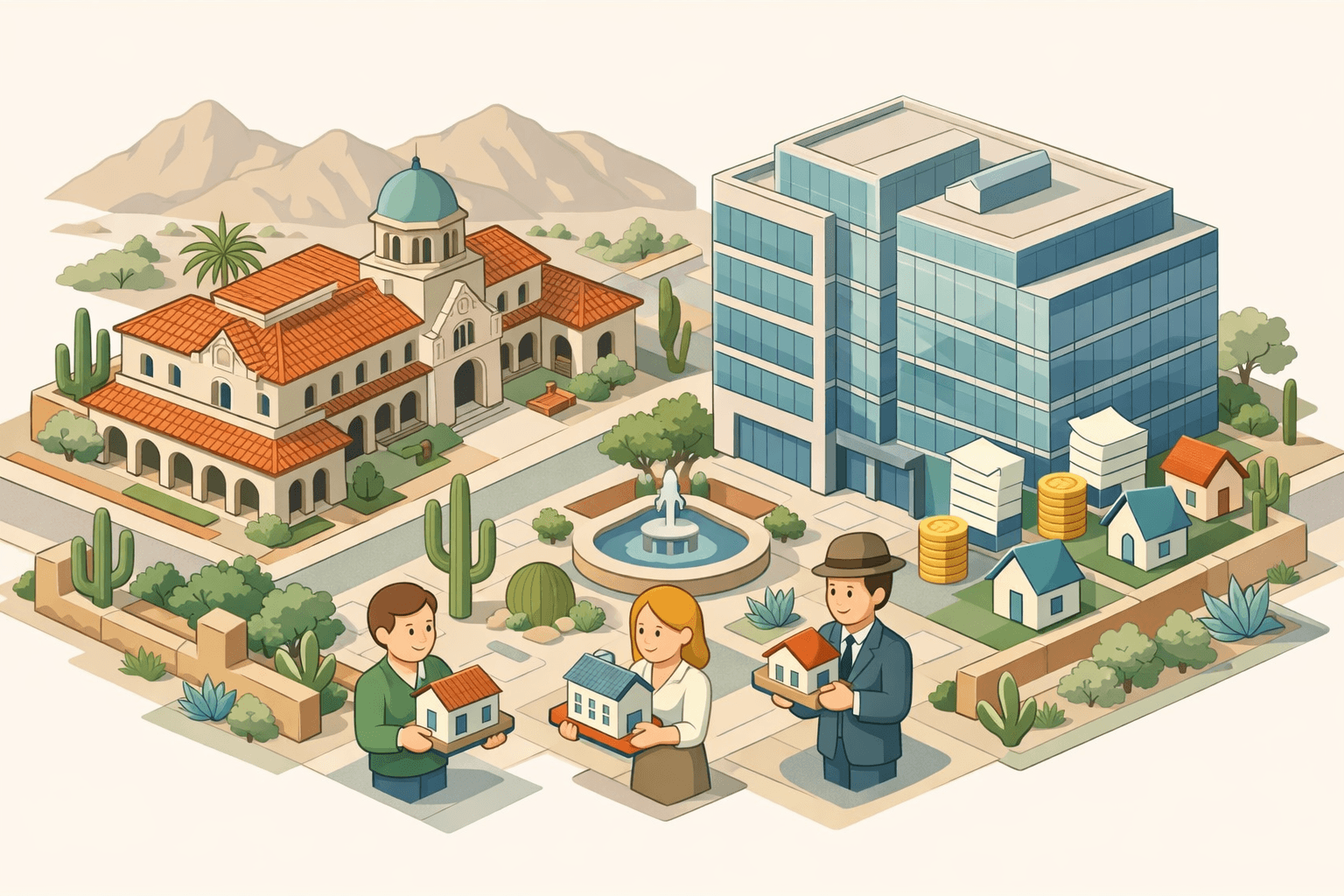 Isometric view of a Tucson financial district with Spanish colonial and modern office buildings, tiny investors, rental homes, and desert landscaping.