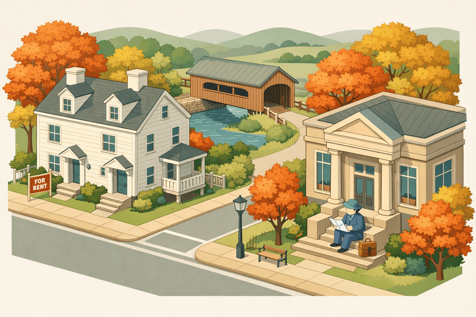 Isometric Vermont town scene with a rental duplex, community bank, covered bridge, and rolling hills in a soft pastel palette.