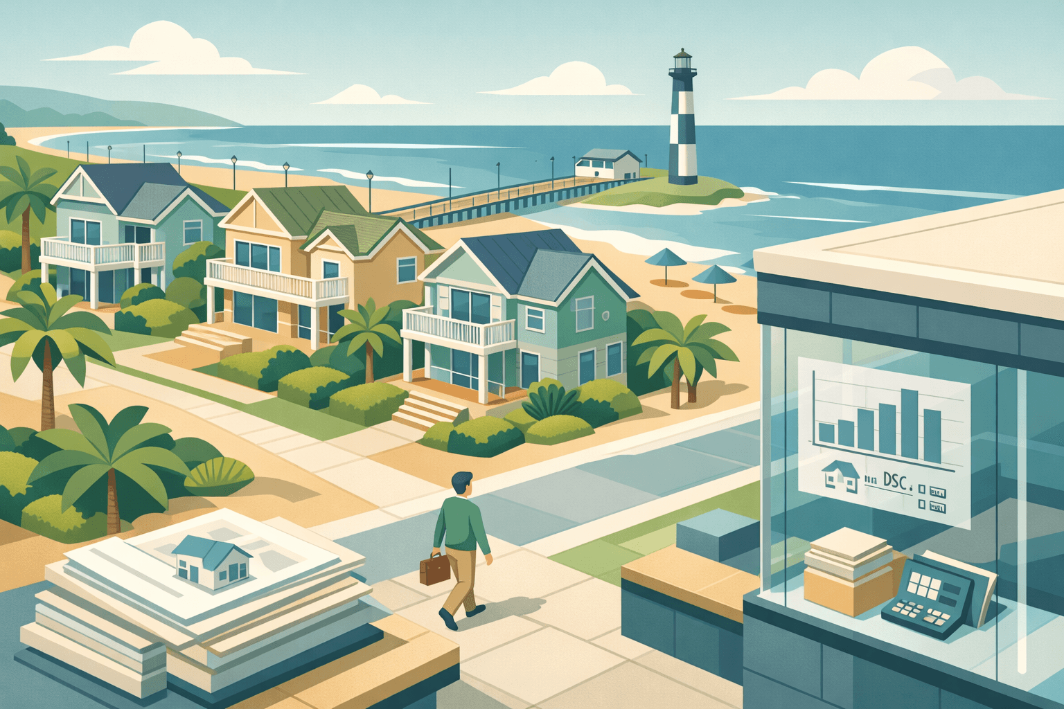 Isometric scene of Virginia Beach rental homes near a coastal boardwalk with a lending office and small investor figures in a soft pastel color scheme.