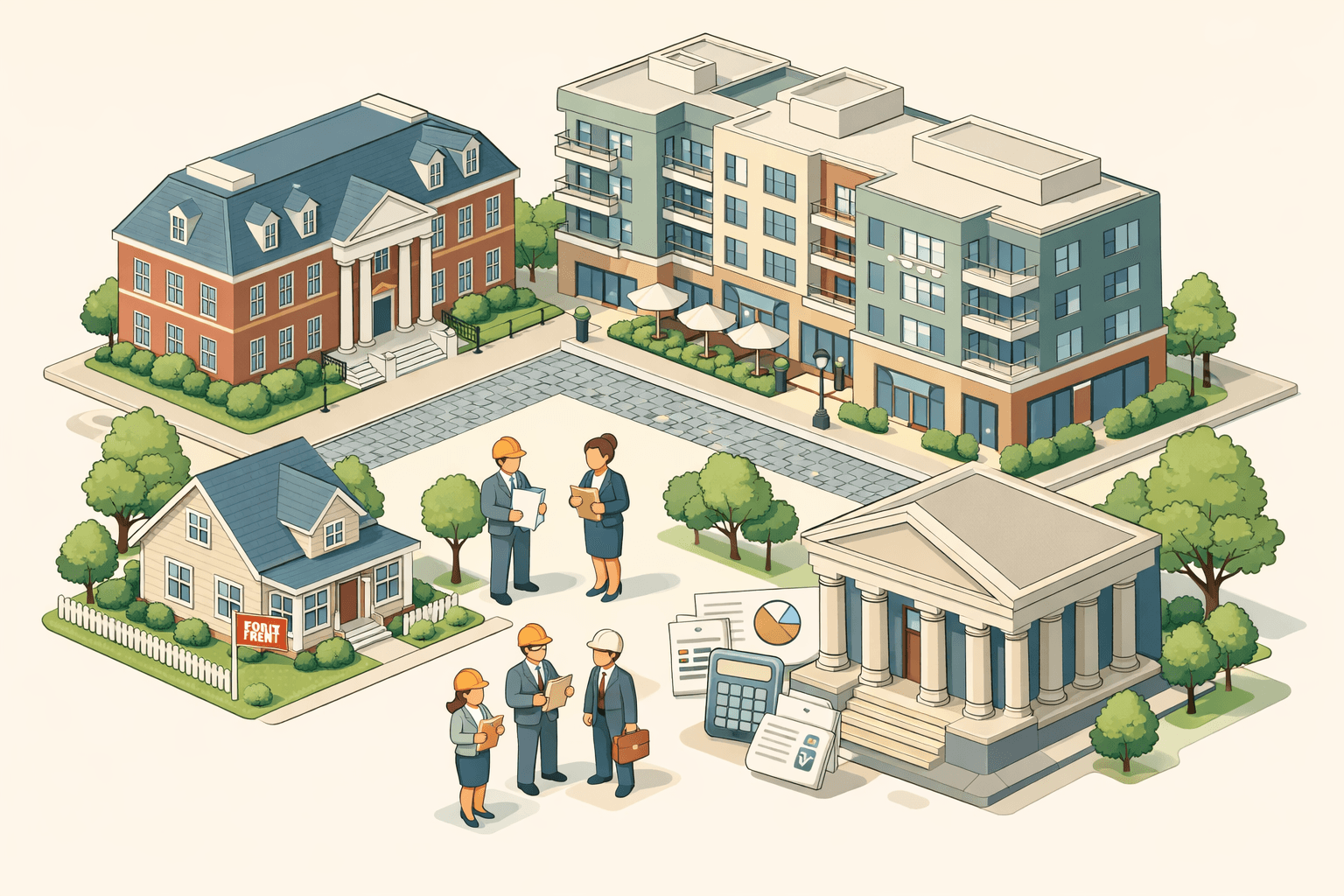 Isometric scene of a Virginia rental property district with colonial brick buildings, a lending institution, apartment blocks, and small investor figures reviewing documents.