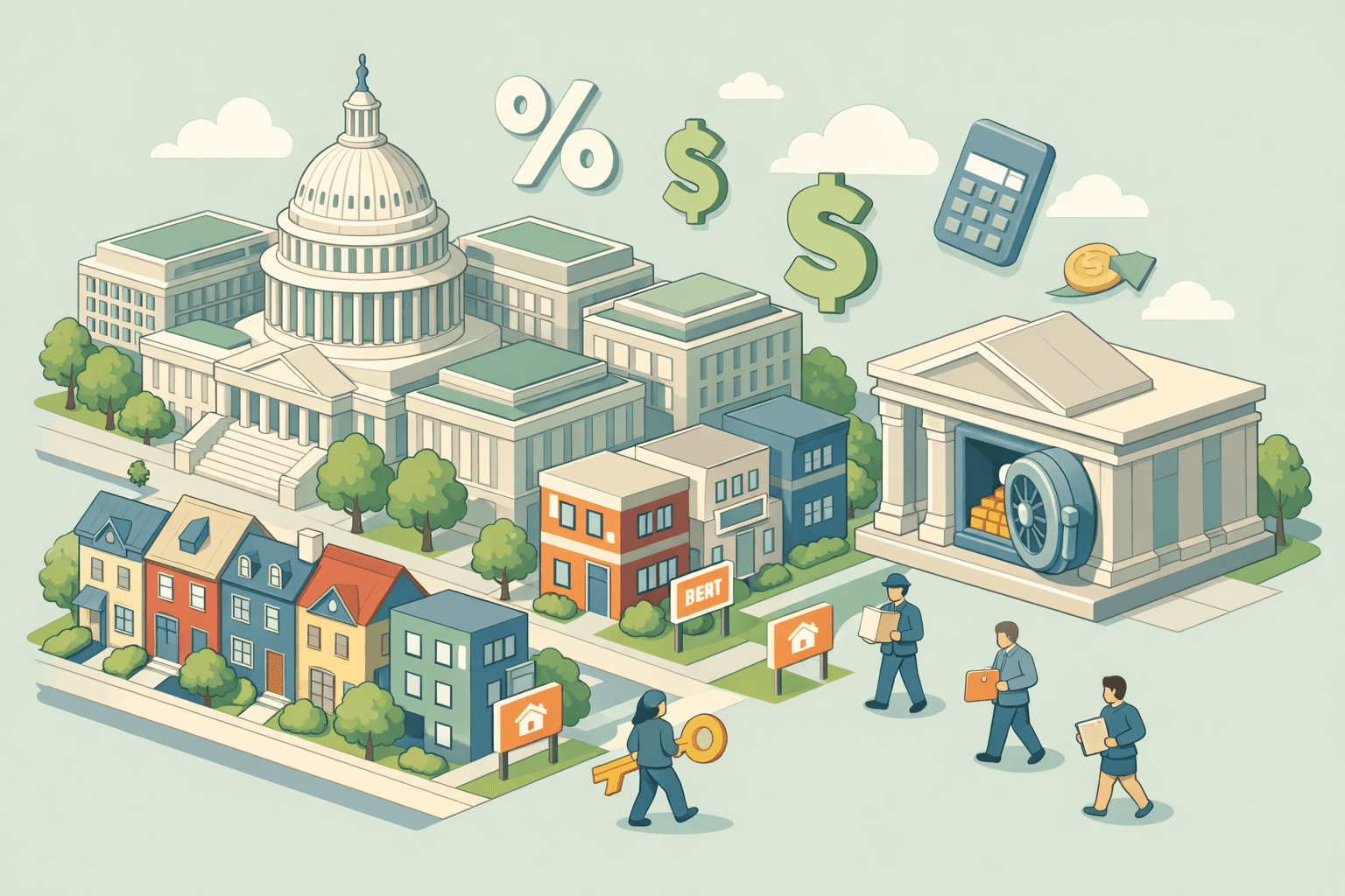 Isometric scene of Washington DC townhouses, a Capitol-style dome, and a lending office with small investor figures and rental property signs.