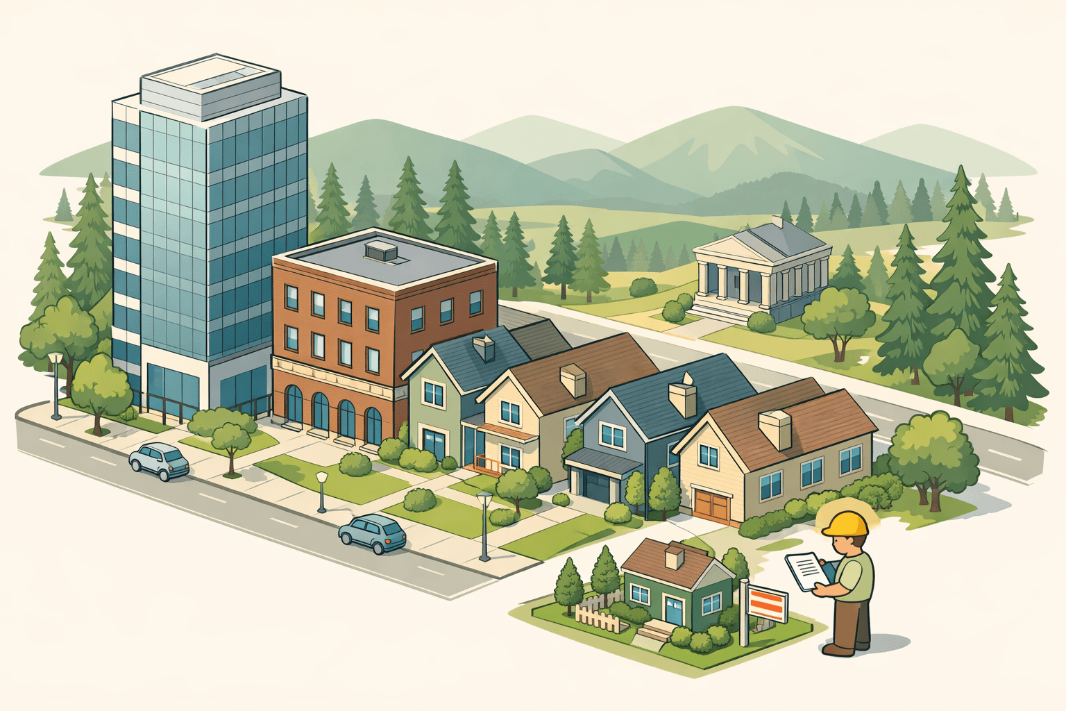 Isometric scene of a Pacific Northwest city with rental homes, a modern office tower, evergreen trees, and a small figure reviewing investment documents.