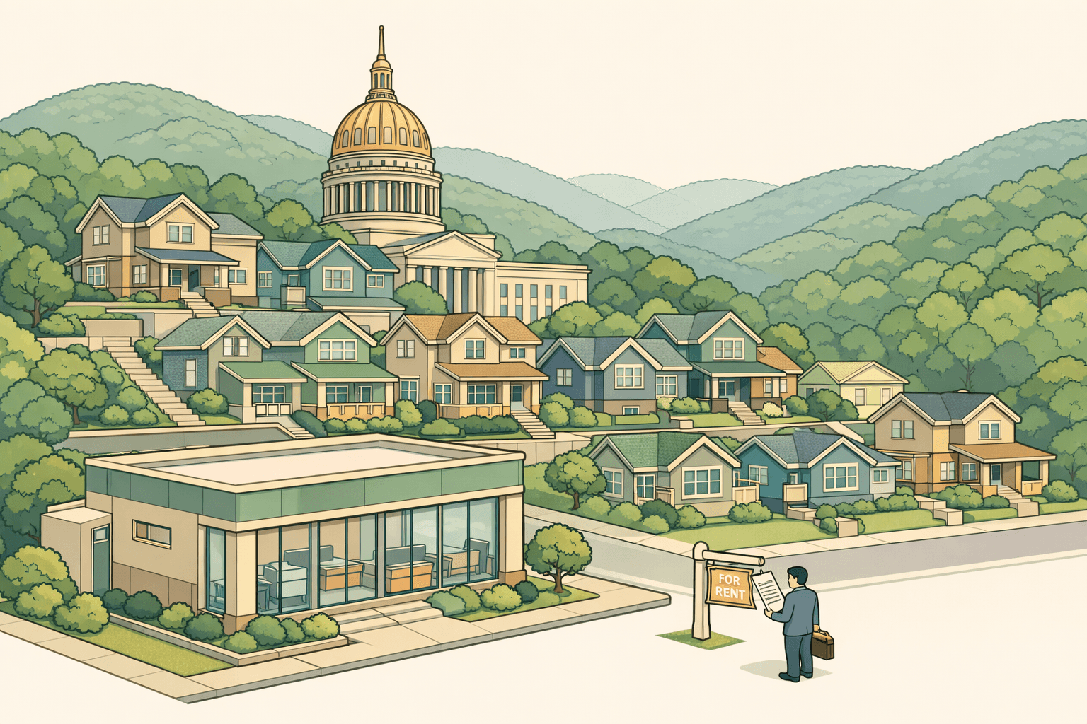 Isometric view of a West Virginia mountain town with rental homes on hillside lots and a small lending office building in the foreground.