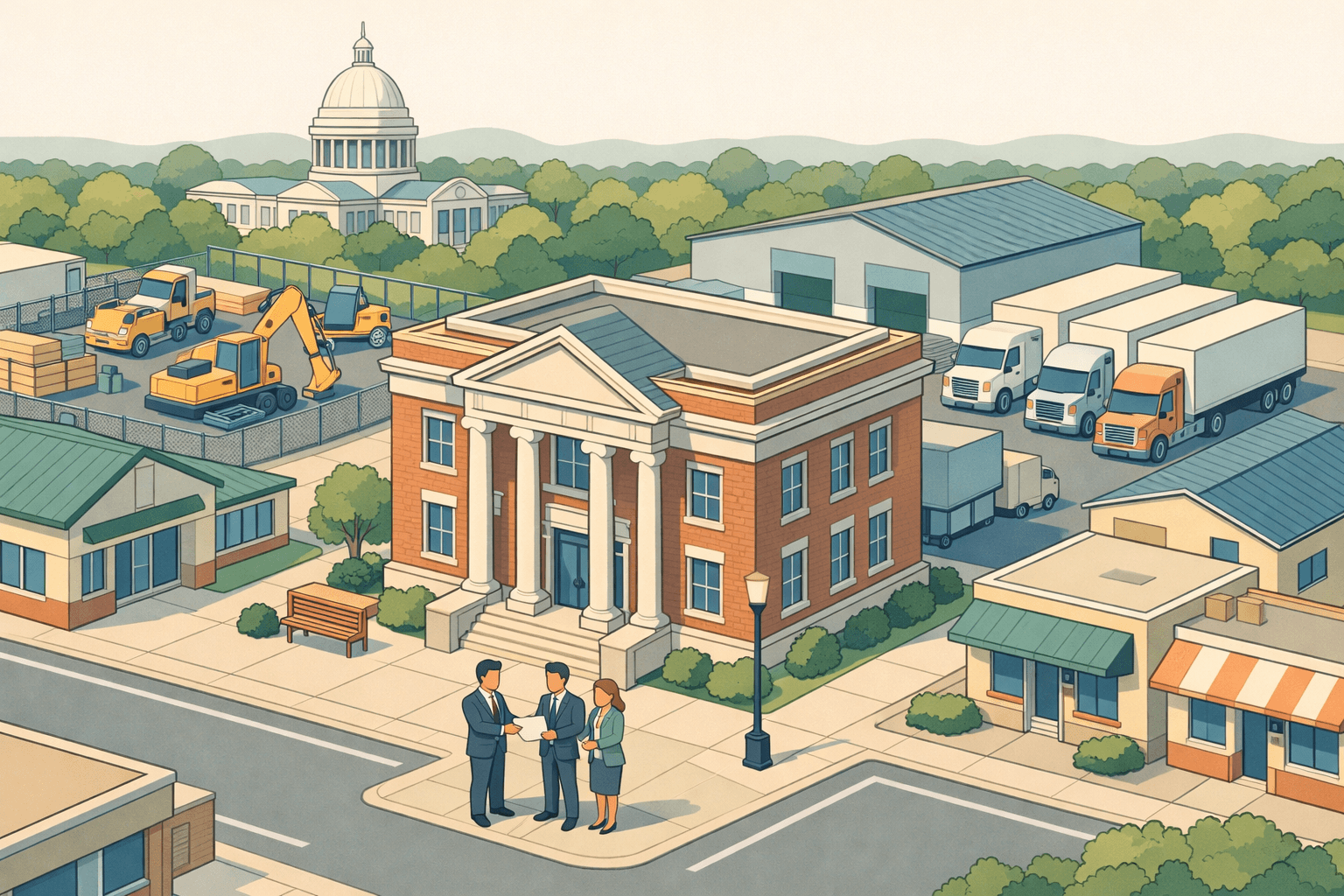 Isometric scene of an Arkansas commercial district with a bank, equipment yard, medical clinic, and warehouse representing local business equipment financing.