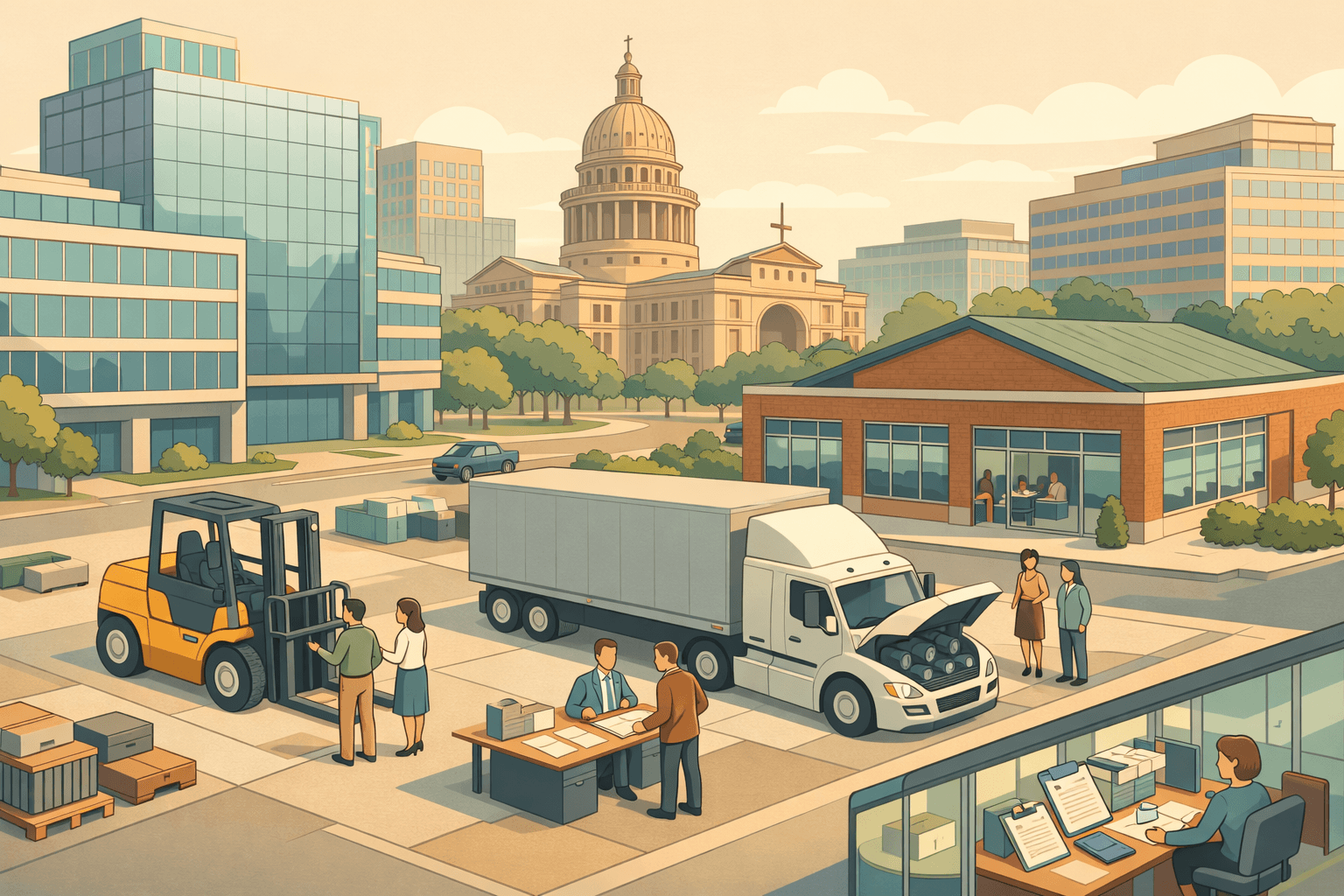Isometric scene of Austin business district with the Capitol dome, a bank branch, and small business owners reviewing equipment financing near a forklift and commercial truck.