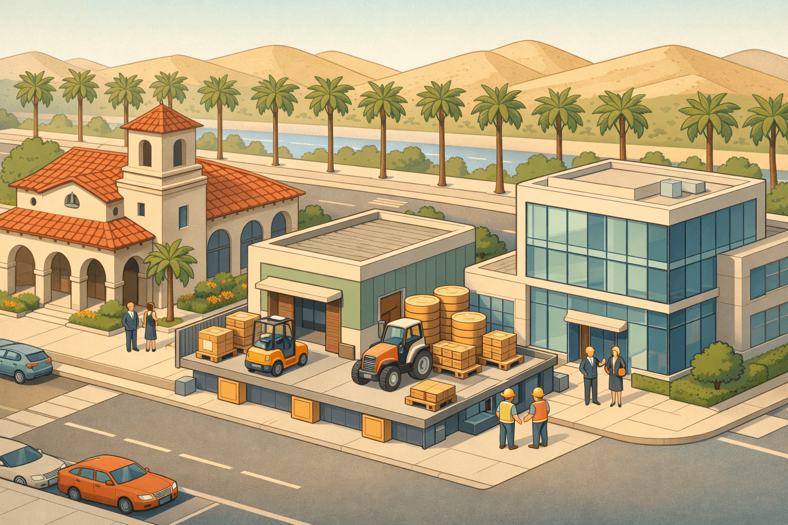 Isometric California business street with a bank building, warehouse, forklift, and small figures representing equipment financing activity.