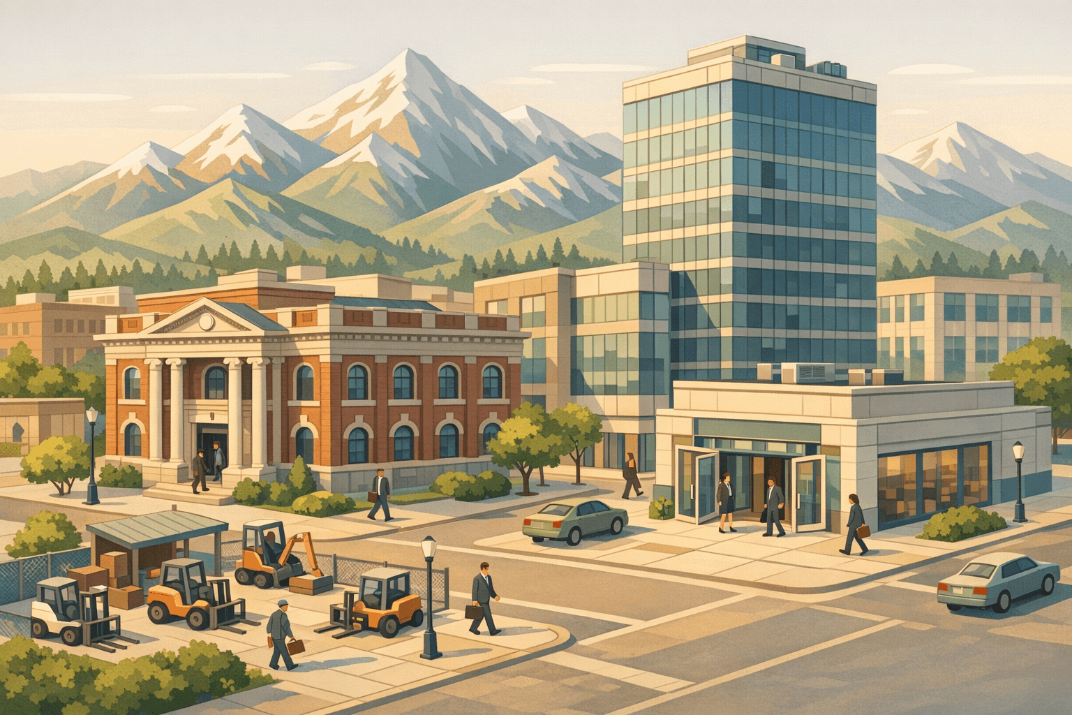 Isometric scene of a Colorado downtown with a bank building, office tower, Rocky Mountain backdrop, and small equipment lot with machinery.