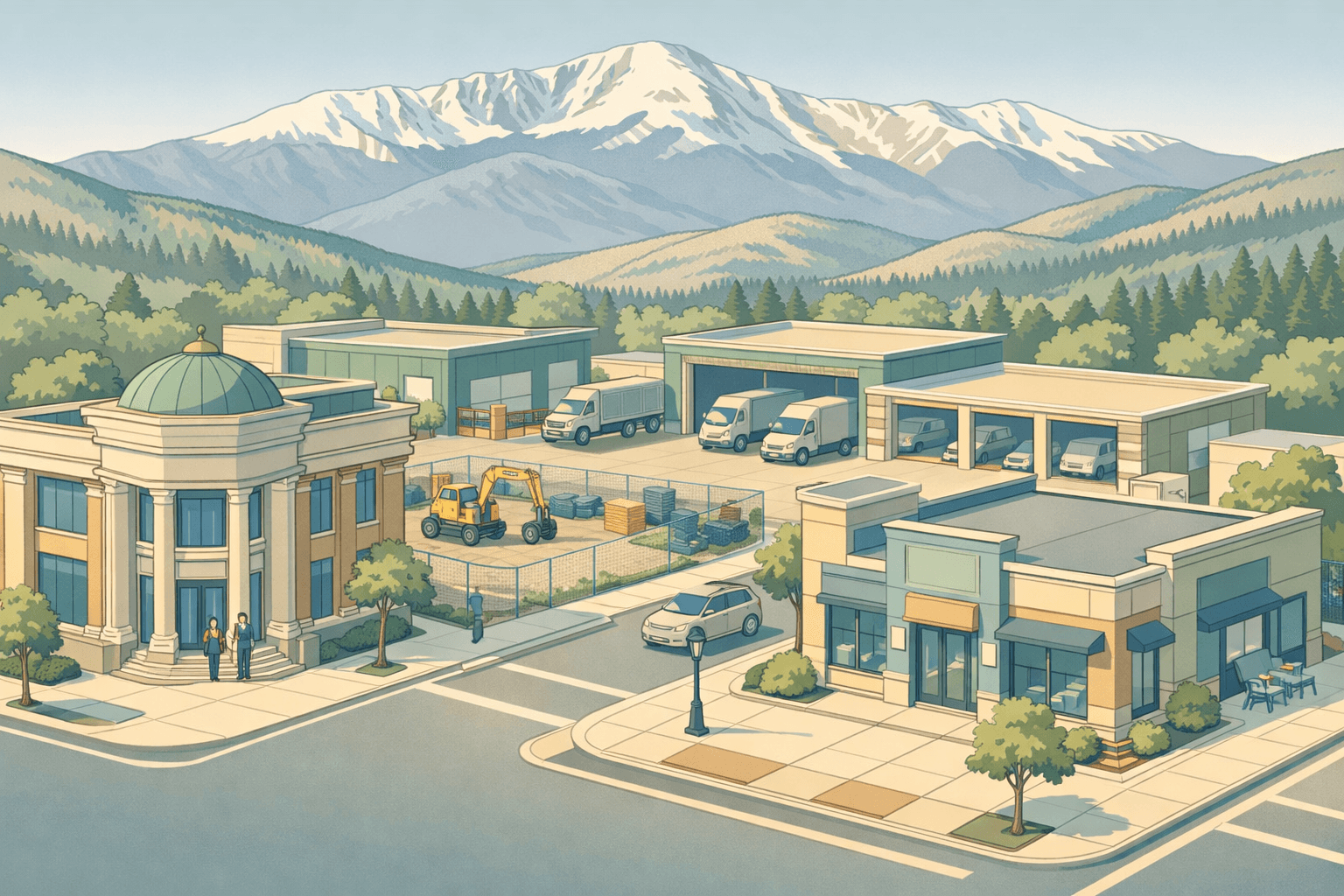 Isometric view of a Colorado Springs business district with a community bank, equipment yard, and small business storefronts near a mountain backdrop.