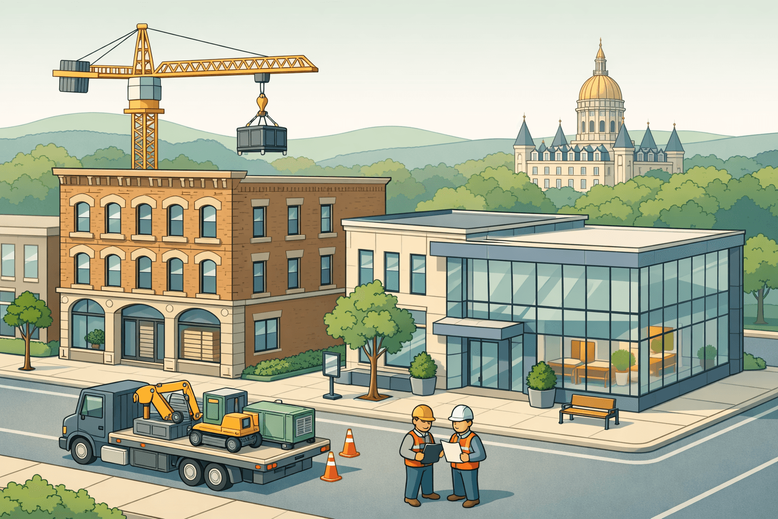 Isometric scene of a Connecticut commercial street with a bank, office building, construction crane, and small figures reviewing equipment financing documents near a truck.