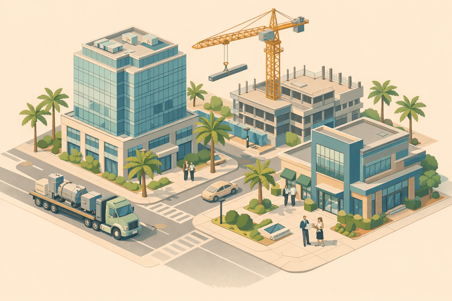 Isometric Florida business district with office buildings, a construction crane, a flatbed equipment truck, and a community bank branch on a palm-lined street.