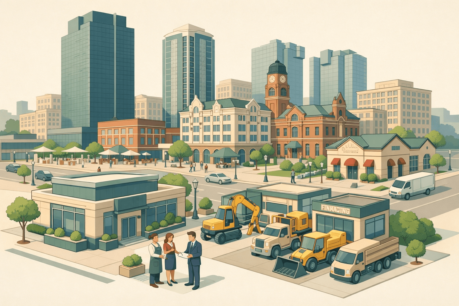 Isometric scene of Fort Worth downtown buildings with small business owners near a bank and commercial equipment parked on a city street.