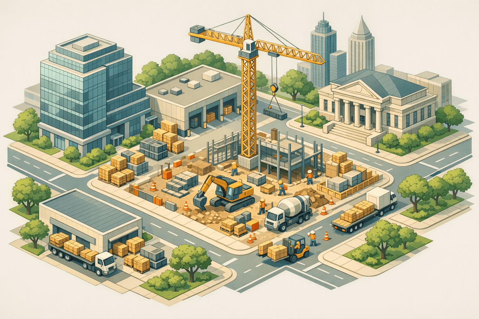 Isometric view of a Georgia business district with construction cranes, warehouses, office buildings, and workers operating heavy equipment near a commercial bank.