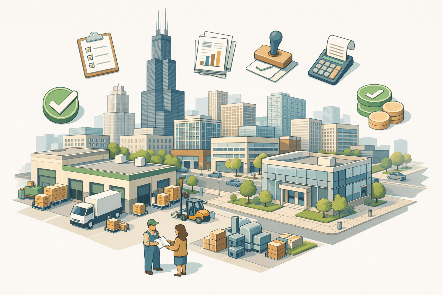 Isometric illustration of a Chicago business district with a manufacturing facility, industrial equipment, and a bank branch representing equipment financing in Illinois.