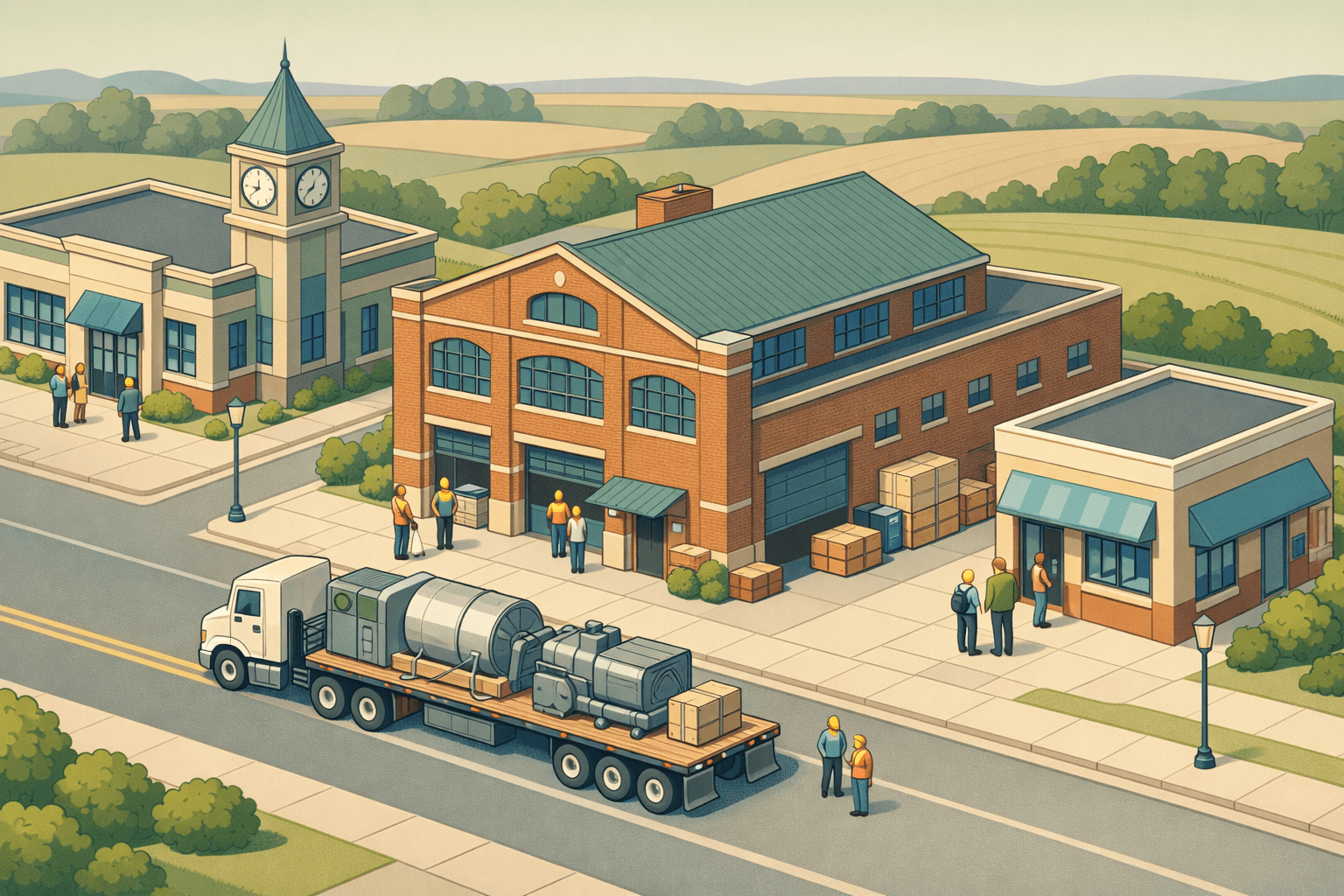 Isometric view of an Indiana business district with a bank, warehouse, and commercial truck carrying industrial equipment on the street.