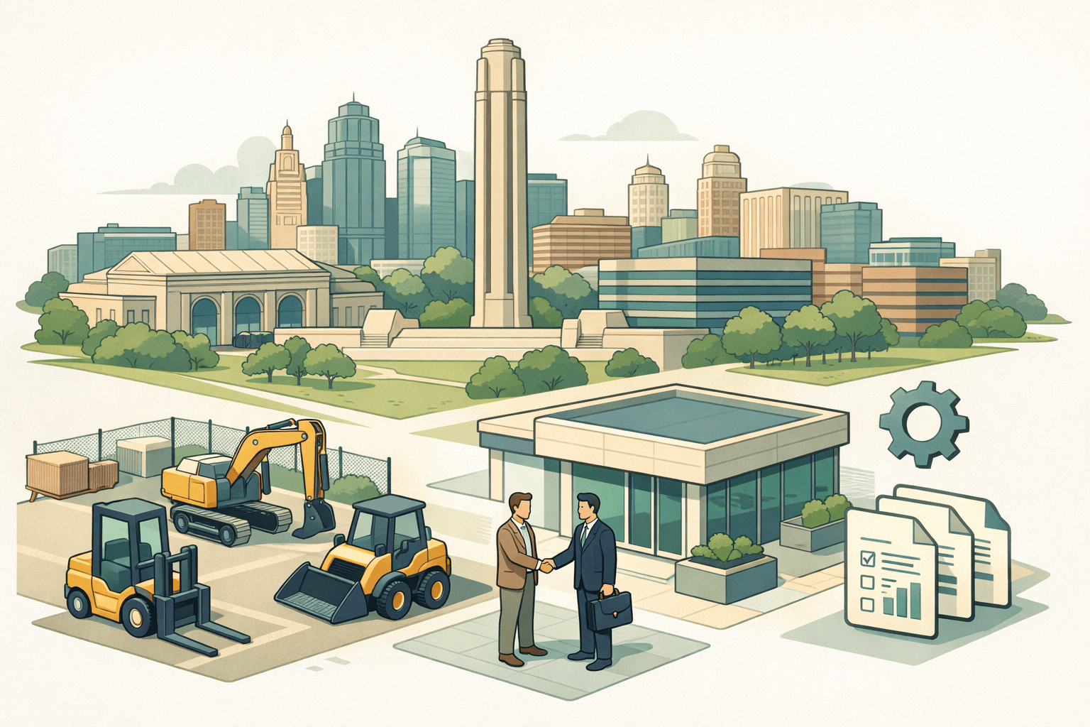 Isometric Kansas City skyline with a small equipment lot, heavy machinery, and two tiny figures representing a business owner and a lender.