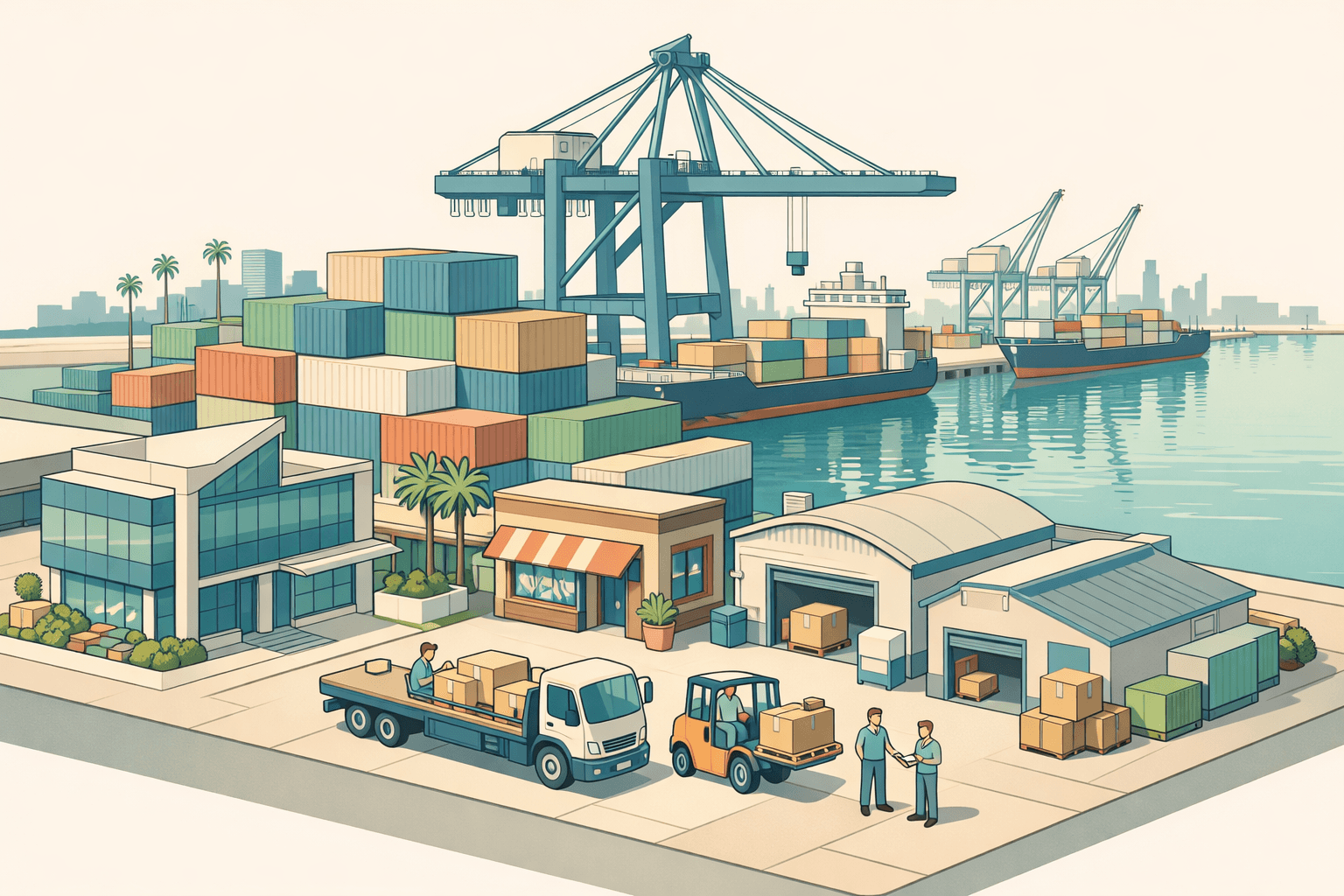 Isometric scene of the Long Beach port area with industrial buildings, a bank office, warehouse, forklift, and small figures near a commercial truck.