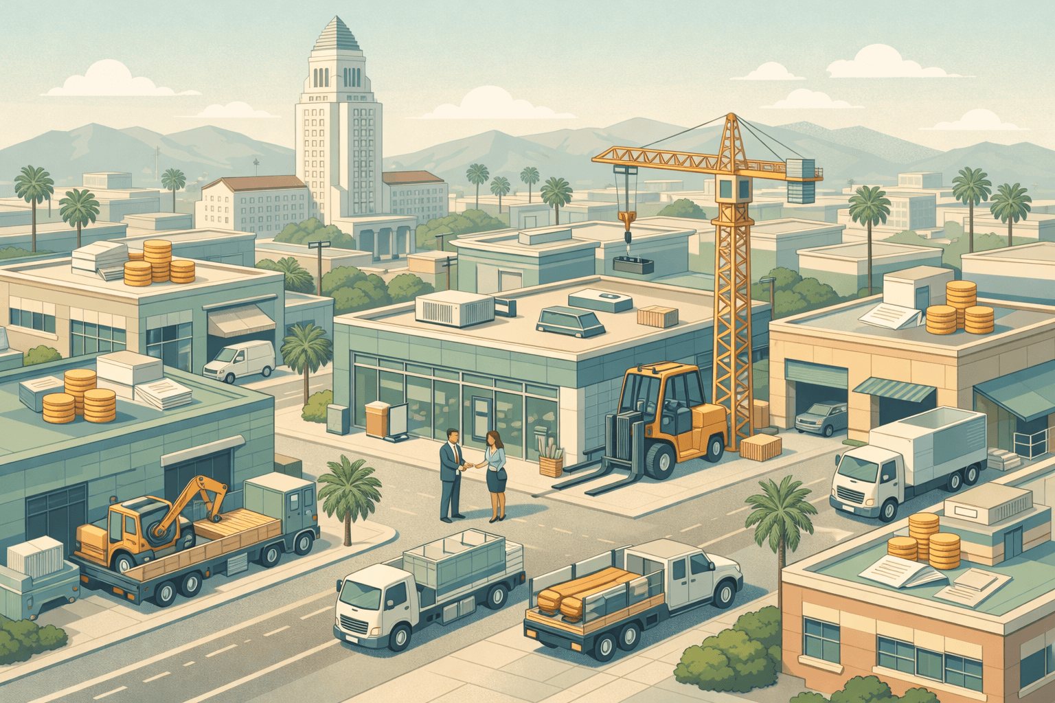 Isometric scene of a Los Angeles commercial district with industrial buildings, a financing office, commercial vehicles, and small business owners exchanging documents outside.