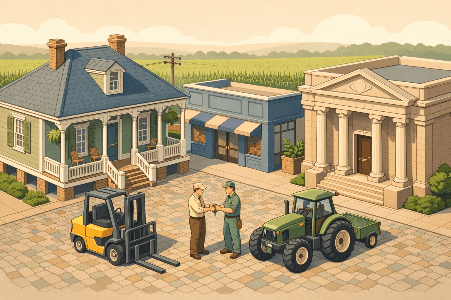 Isometric Louisiana streetscape with a local bank, small business storefront, and a business owner receiving equipment near a forklift and tractor.